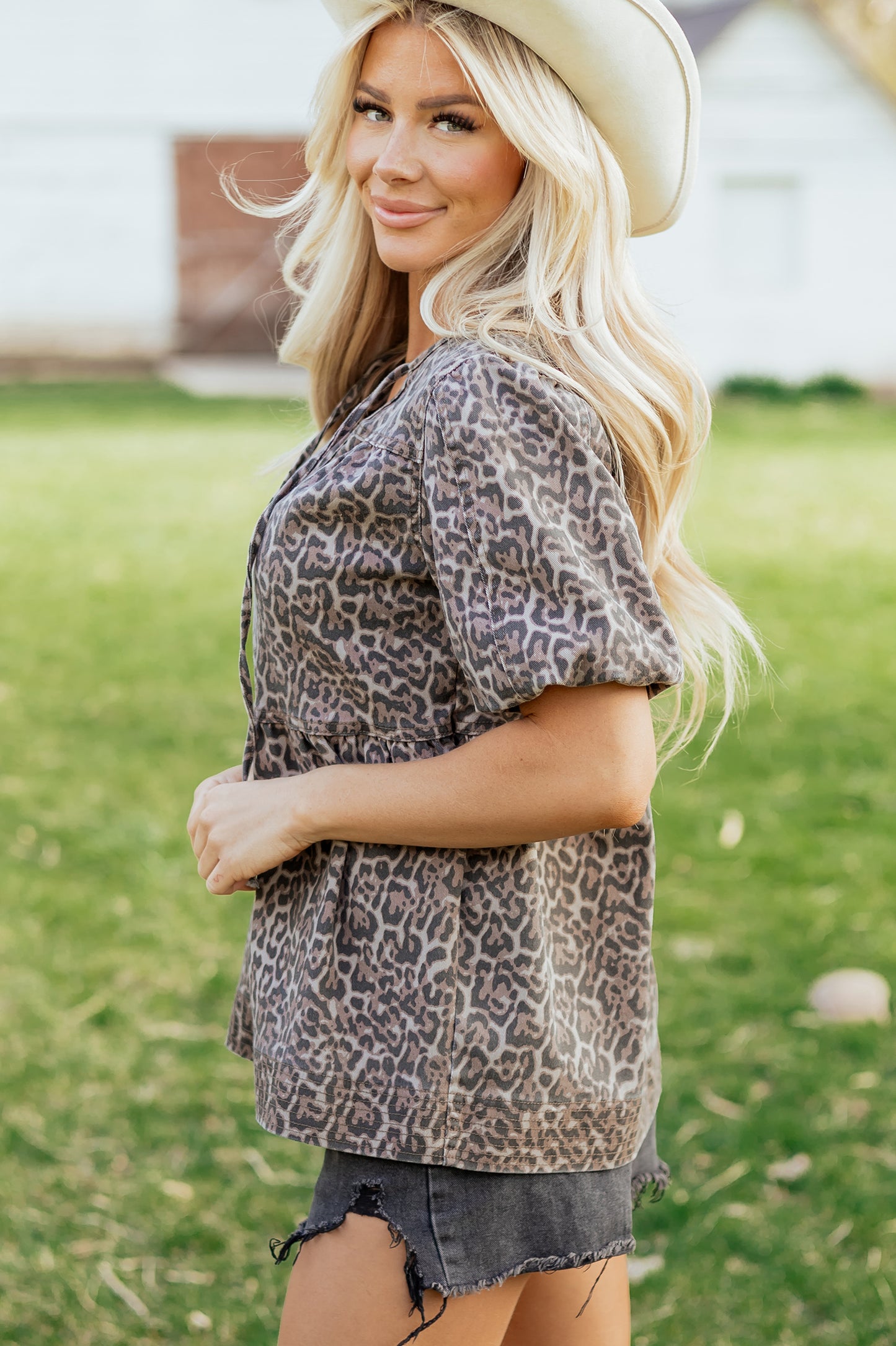 Brown Leopard Tie Neck Short Puff Sleeve Denim Babydoll Top-Tops/Tops & Tees-[Adult]-[Female]-2022 Online Blue Zone Planet