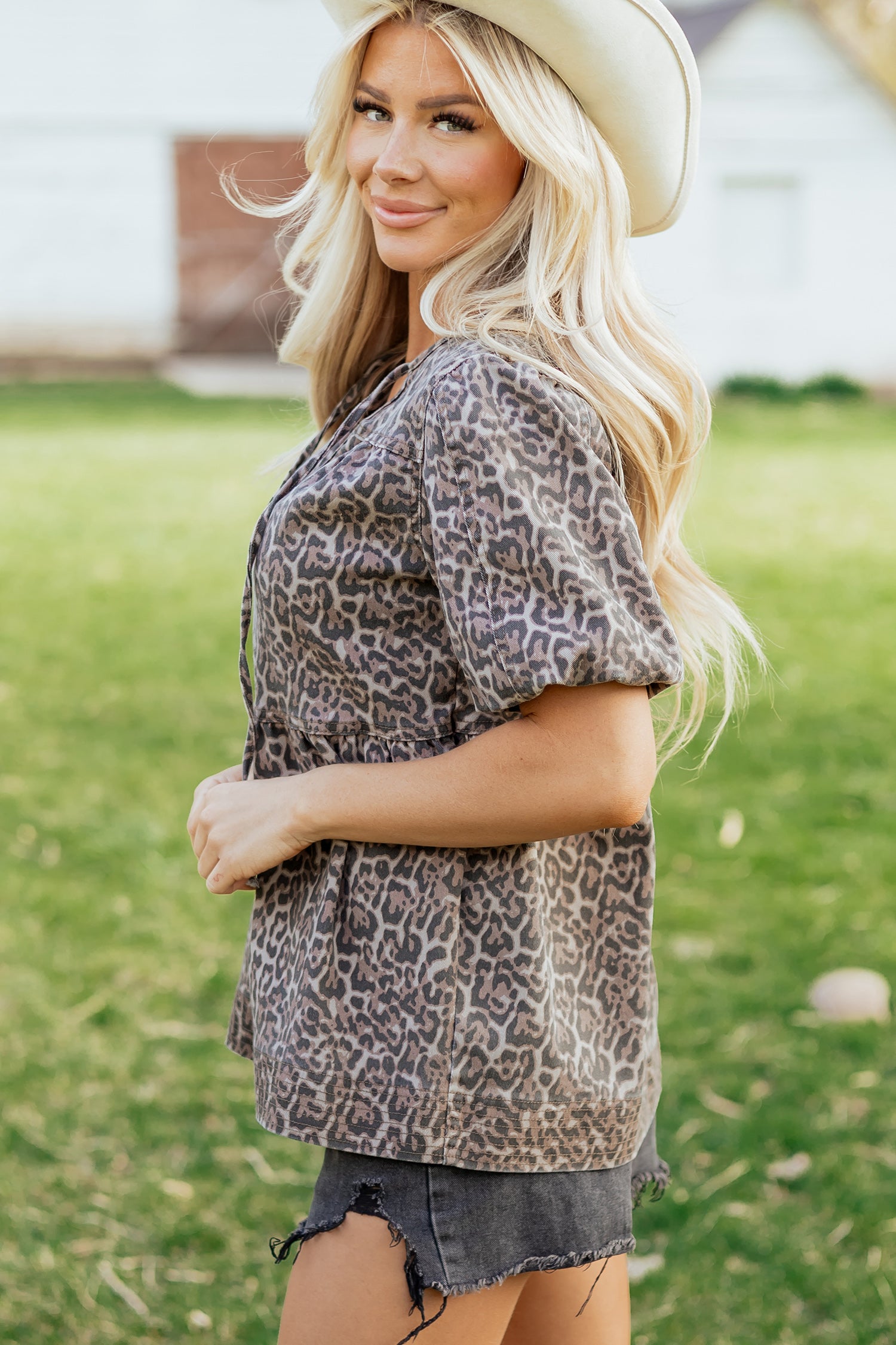 Brown Leopard Tie Neck Short Puff Sleeve Denim Babydoll Top-Tops/Tops & Tees-[Adult]-[Female]-2022 Online Blue Zone Planet
