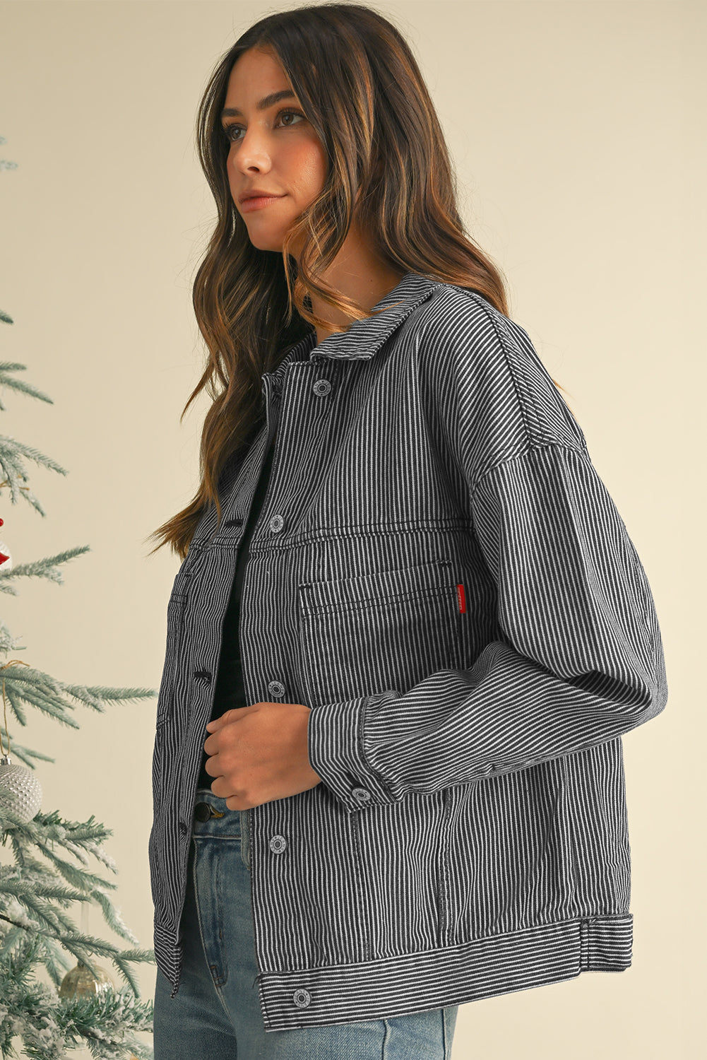 Blue Zone Planet | Sky Blue Stripe Washed Oversized Pocketed Denim Jacket-Jackets-[Adult]-[Female]-2022 Online Blue Zone Planet