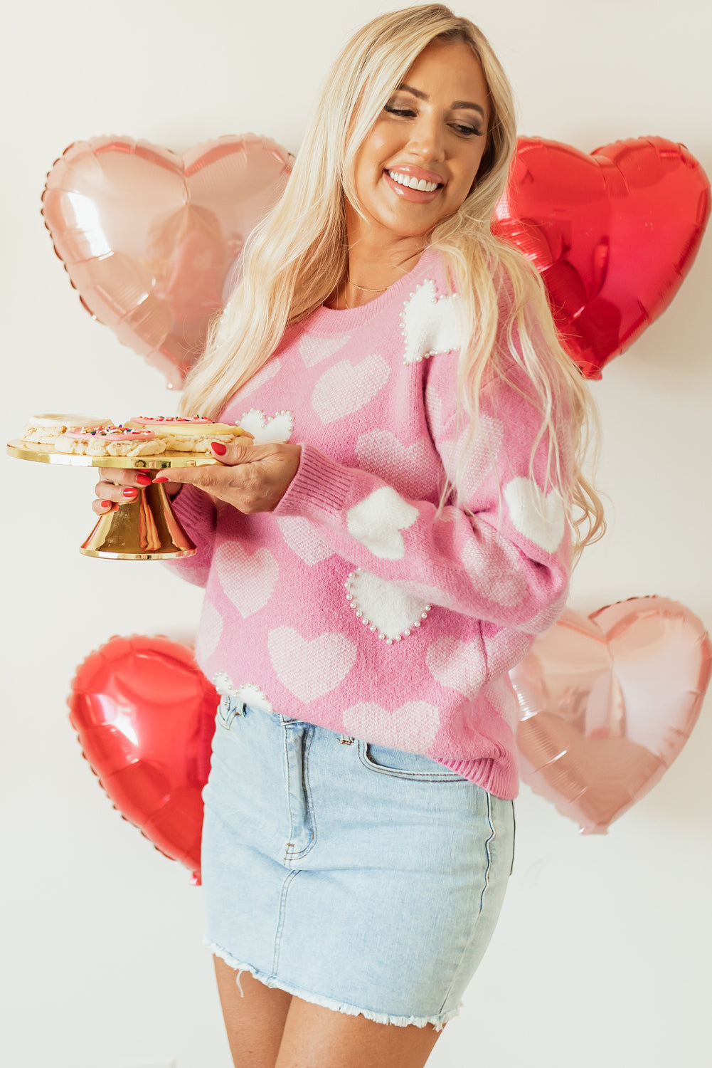 Blue Zone Planet | Pink Pearled Heart Print Valentines Crew Neck Sweater-Sweaters & Cardigans/Sweaters-[Adult]-[Female]-2022 Online Blue Zone Planet