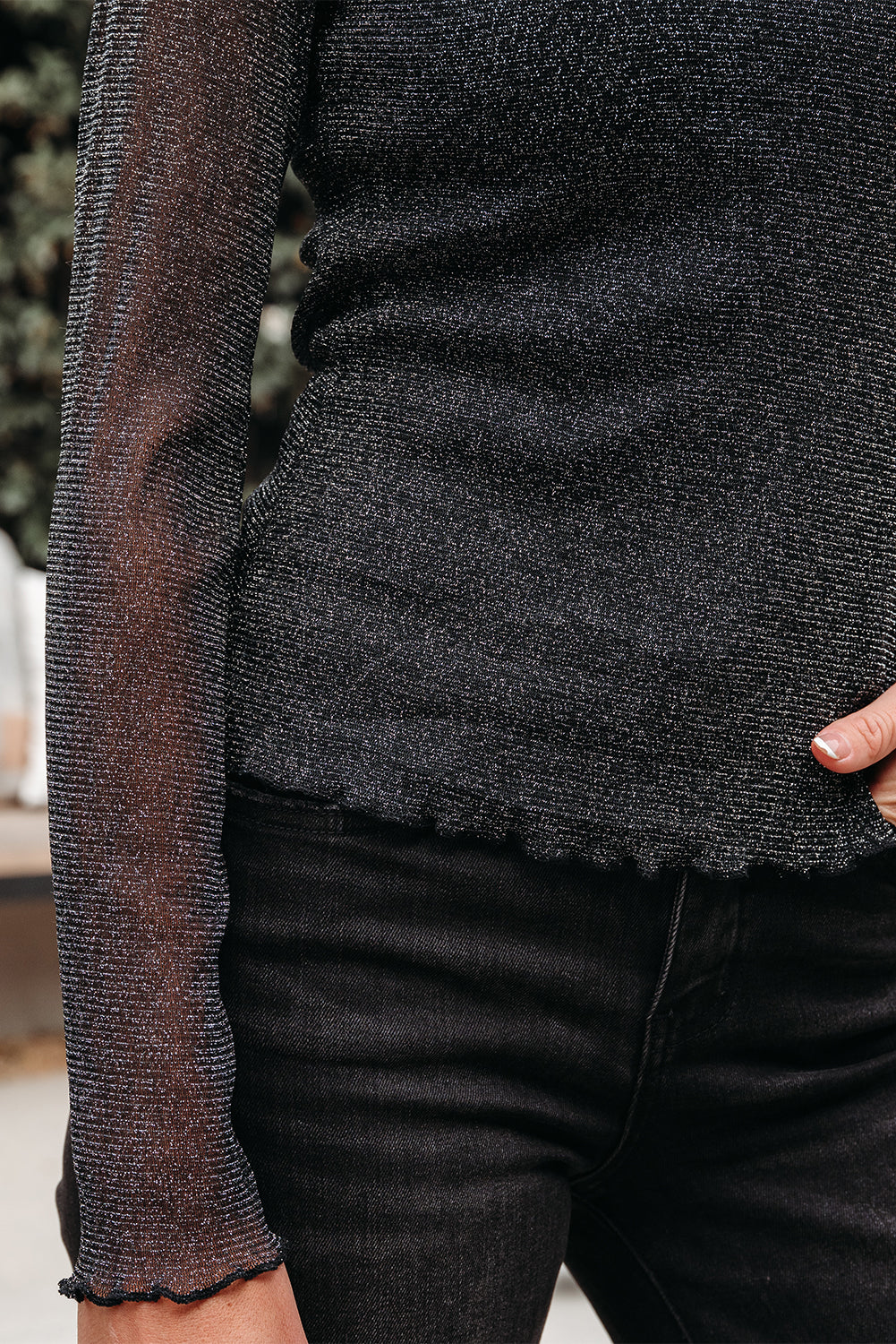 Black Metallic Glitter Mesh Long Sleeve Top-Tops/Long Sleeve Tops-[Adult]-[Female]-2022 Online Blue Zone Planet