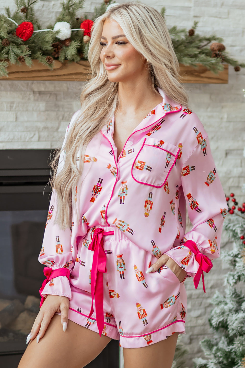Pink Nutcracker Print Contrast Trim Tied up Bow Silky 2pcs Pajama Set-Loungewear & Sleepwear/Sleepwear-[Adult]-[Female]-2022 Online Blue Zone Planet