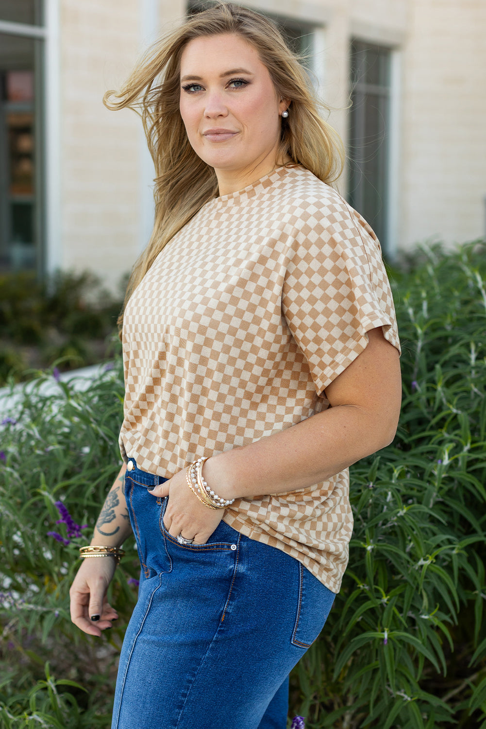 Khaki Checkerboard Short Batwing Sleeve Round Neck Plus Size T Shirt-Plus Size/Plus Size Tops/Plus Size Tops & Tees-[Adult]-[Female]-2022 Online Blue Zone Planet