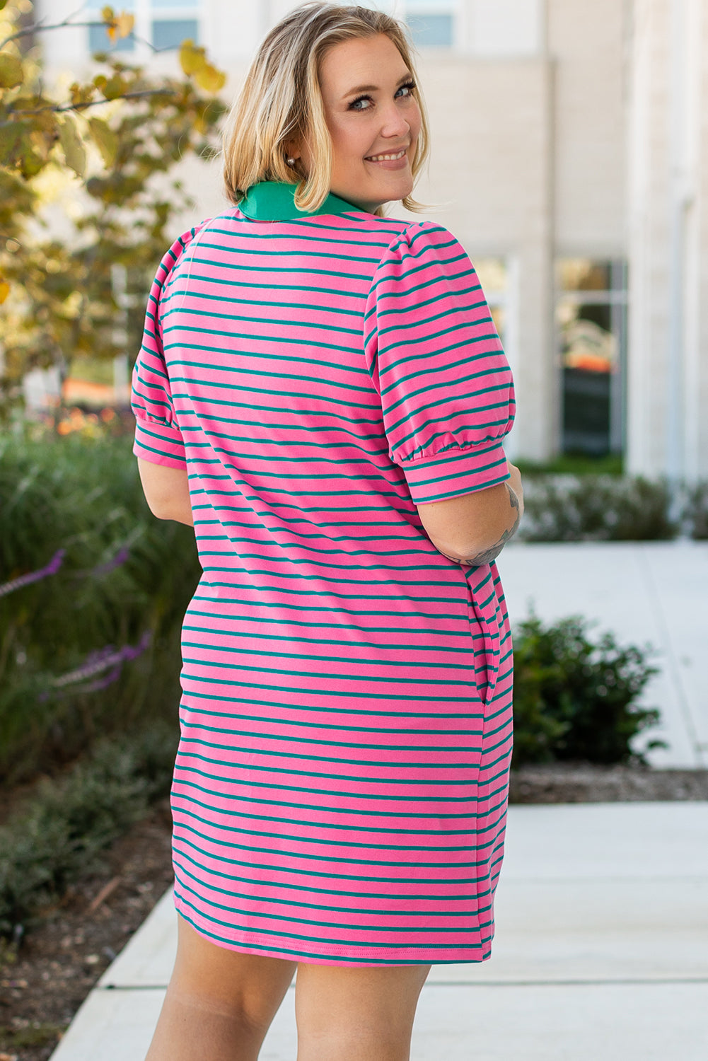Rose Stripe Collared V Neck Puff Sleeve Shift T Shirt Dress With Pockets-TOPS / DRESSES-[Adult]-[Female]-2022 Online Blue Zone Planet