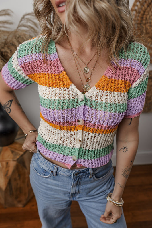 Orange Colorblock Striped Pointelle Knit V Neck Buttoned Crop Short Sleeve Sweater-Sweaters & Cardigans/Short Sleeve Sweaters-[Adult]-[Female]-Orange-S-2022 Online Blue Zone Planet