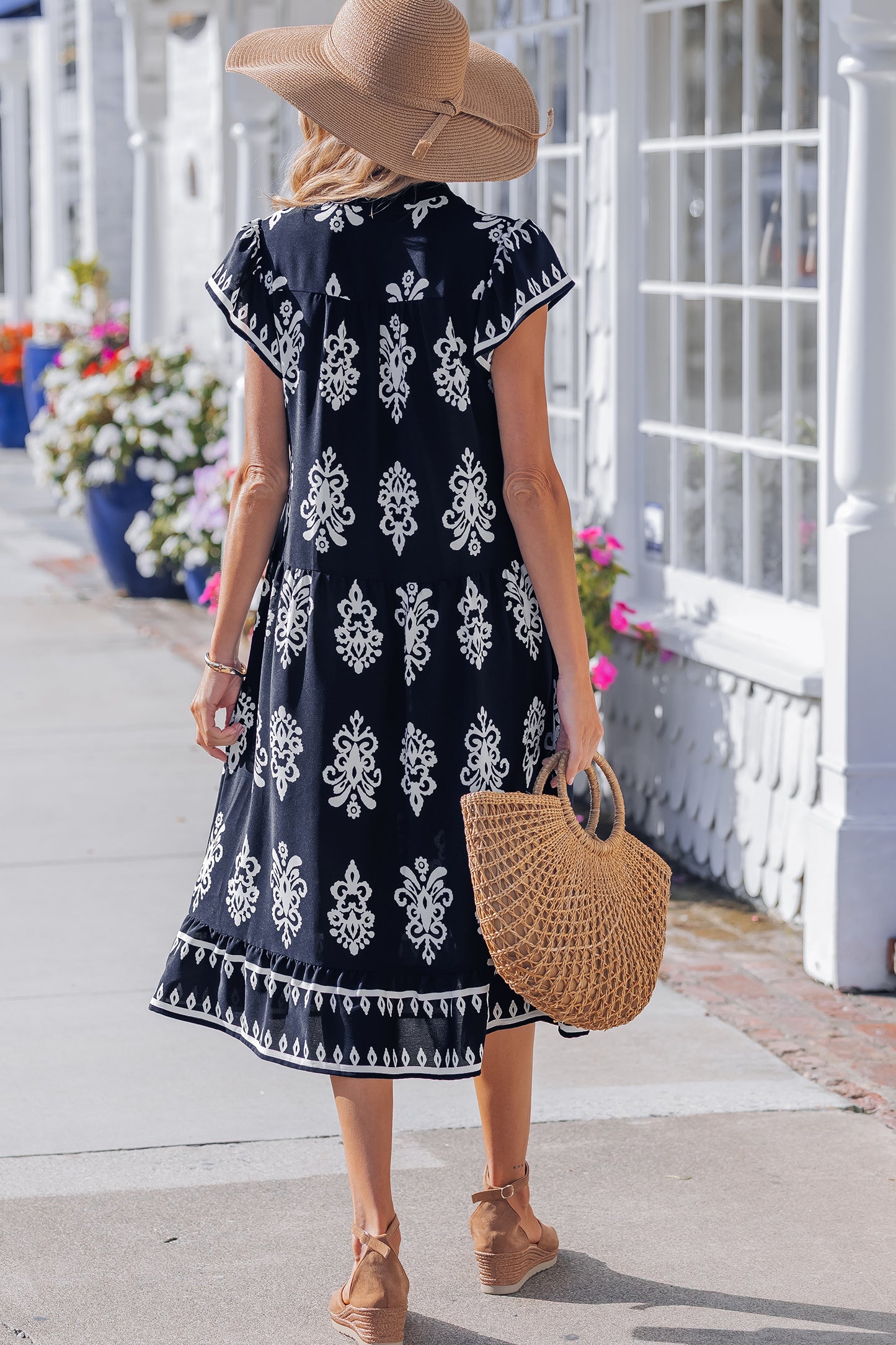 Blue Western Ethnic Print Notched Neck Short Sleeve Midi Dress-TOPS / DRESSES-[Adult]-[Female]-2022 Online Blue Zone Planet