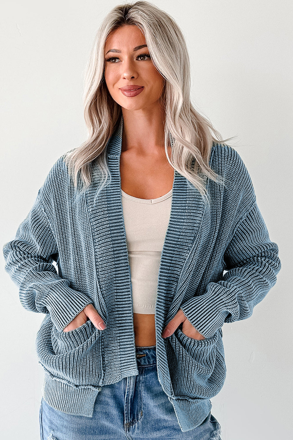 Chestnut Mineral Wash Exposed Seam Patchwork Knit Open Sweater Cardigan-TOPS / DRESSES-[Adult]-[Female]-2022 Online Blue Zone Planet