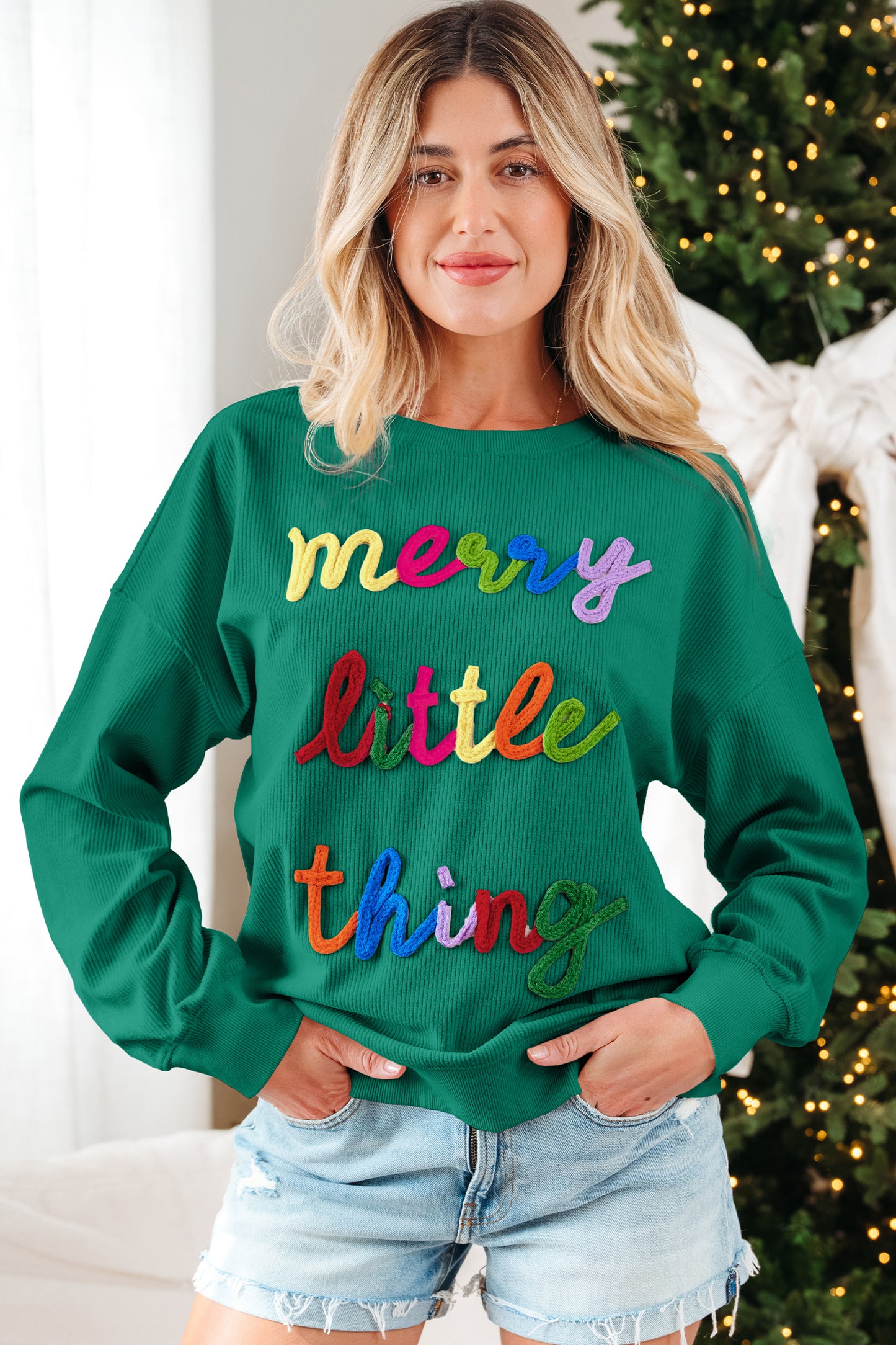 Dark Green Merry Little Thing Corded Letter Graphic Ribbed Loose Sweatshirt-Tops/Sweatshirts & Hoodies-[Adult]-[Female]-2022 Online Blue Zone Planet