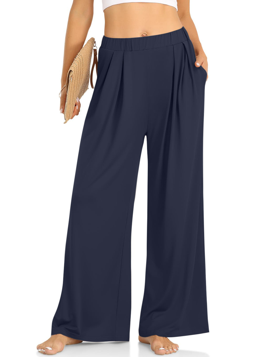 Elastic Waist Wide Leg Pants-BOTTOMS SIZES SMALL MEDIUM LARGE-[Adult]-[Female]-Dark Blue-XS-2022 Online Blue Zone Planet