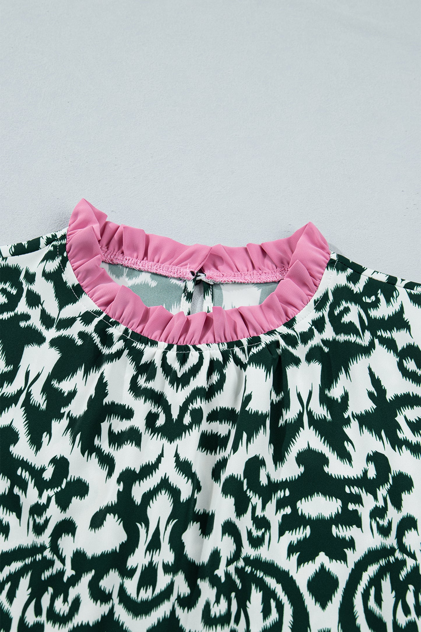 Green Damask Print Ruffled Color Block Detail Half Sleeve Blouse-Tops/Blouses & Shirts-[Adult]-[Female]-2022 Online Blue Zone Planet