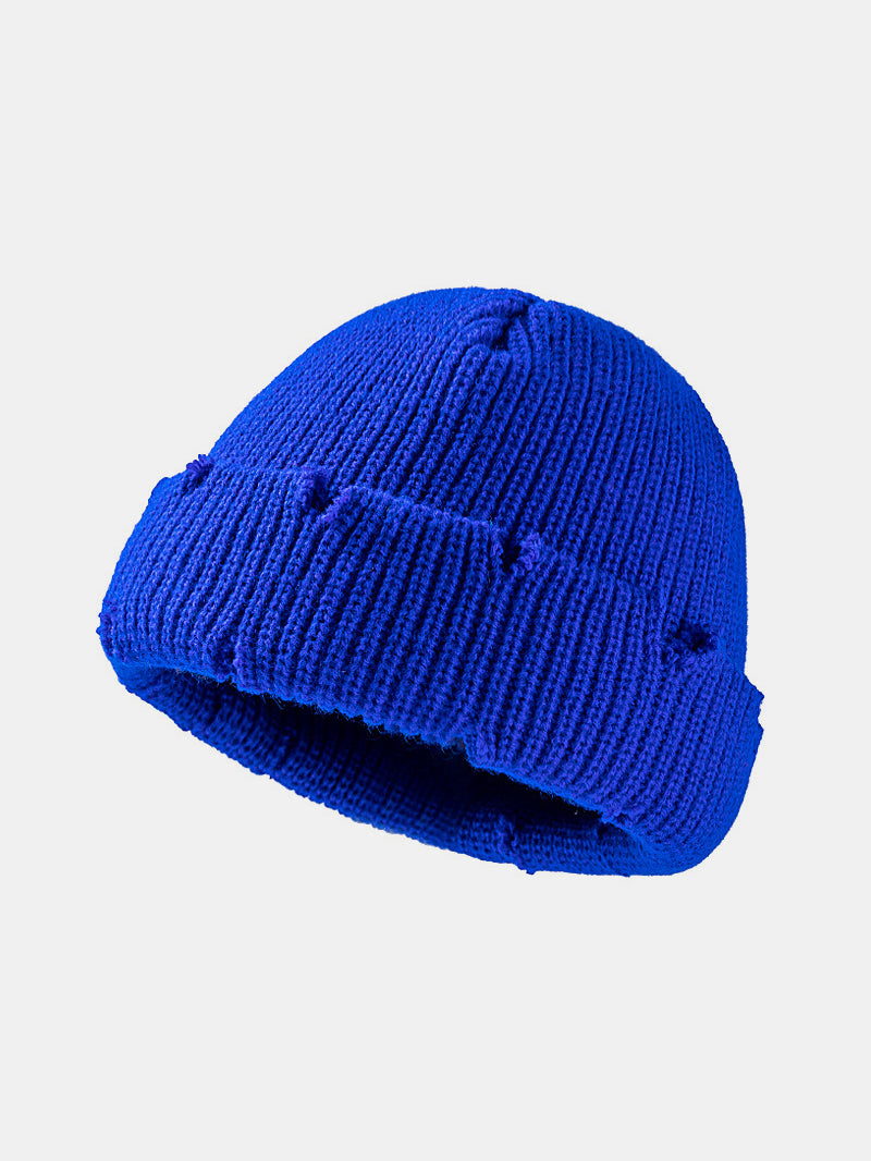 Distressed Cuffed Knit Hat-BEANIES-[Adult]-[Female]-Royal Blue-One Size-2022 Online Blue Zone Planet