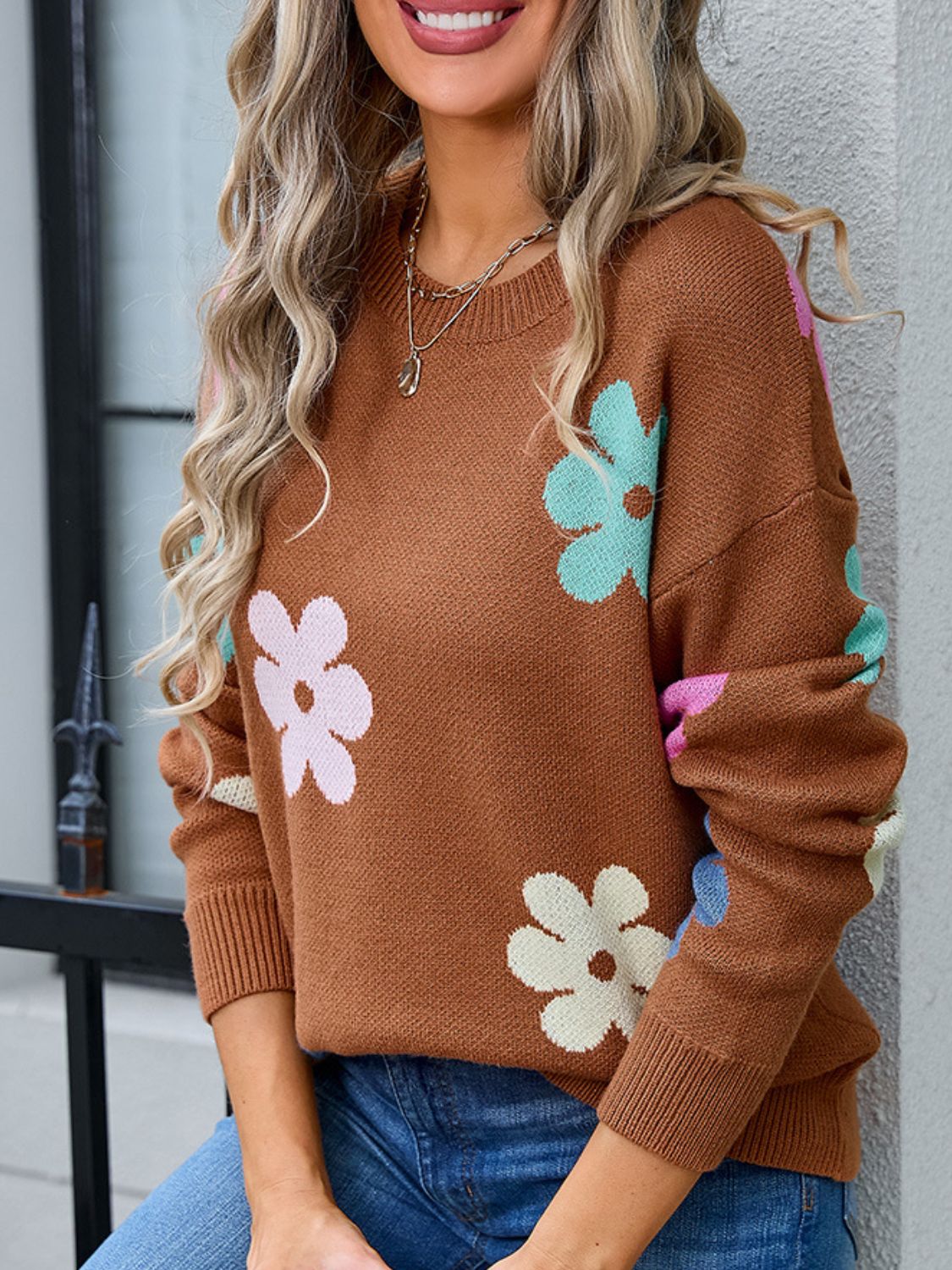 Flower Round Neck Long Sleeve Sweater-TOPS / DRESSES-[Adult]-[Female]-2022 Online Blue Zone Planet