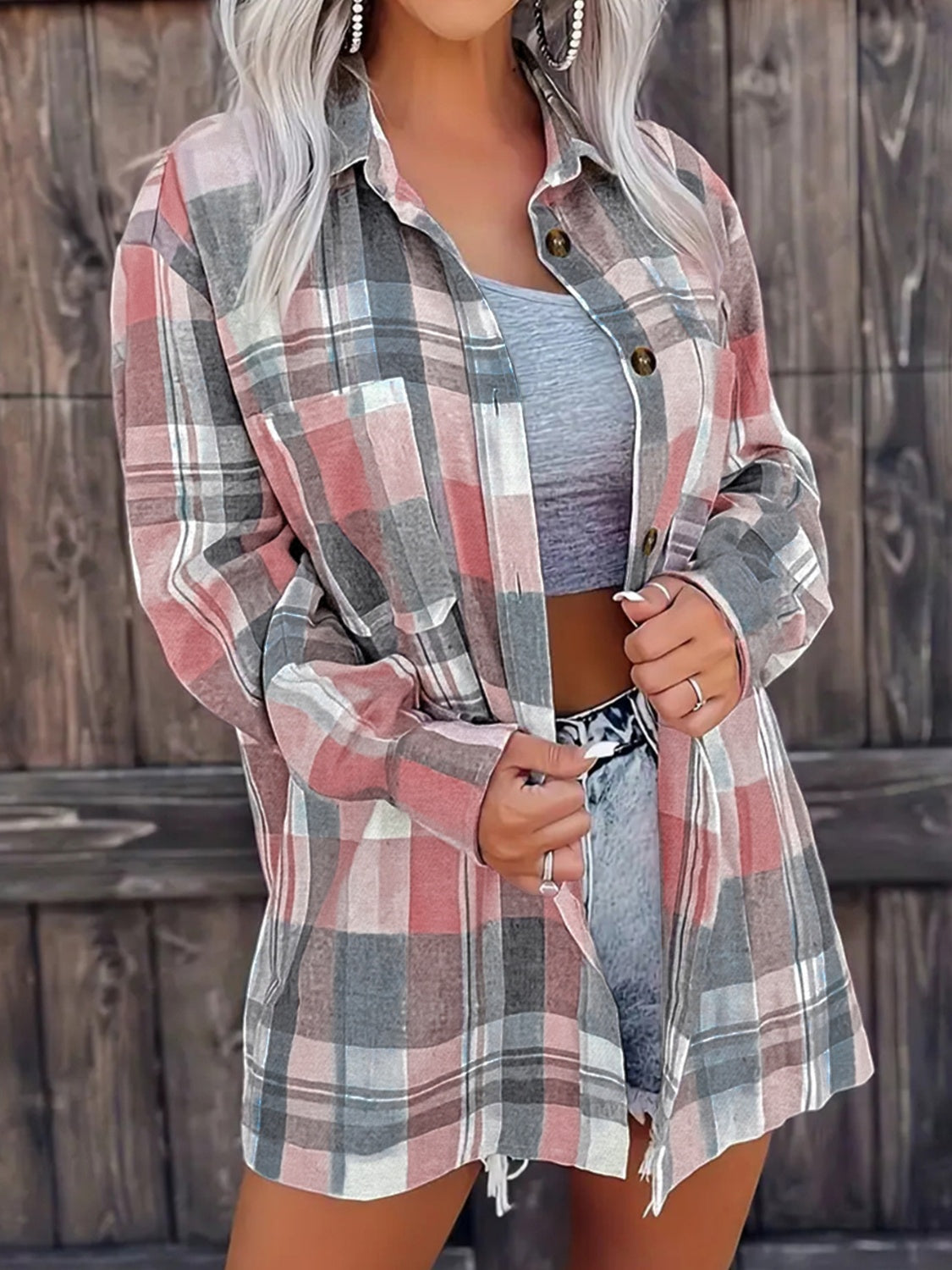 Pocketed Plaid Collared Neck Shacket-TOPS / DRESSES-[Adult]-[Female]-2022 Online Blue Zone Planet