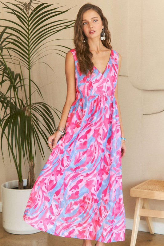 ADORA Abstract Floral V-Neck Maxi Dress-TOPS / DRESSES-[Adult]-[Female]-PINK BLUSH COMBO-S-2022 Online Blue Zone Planet