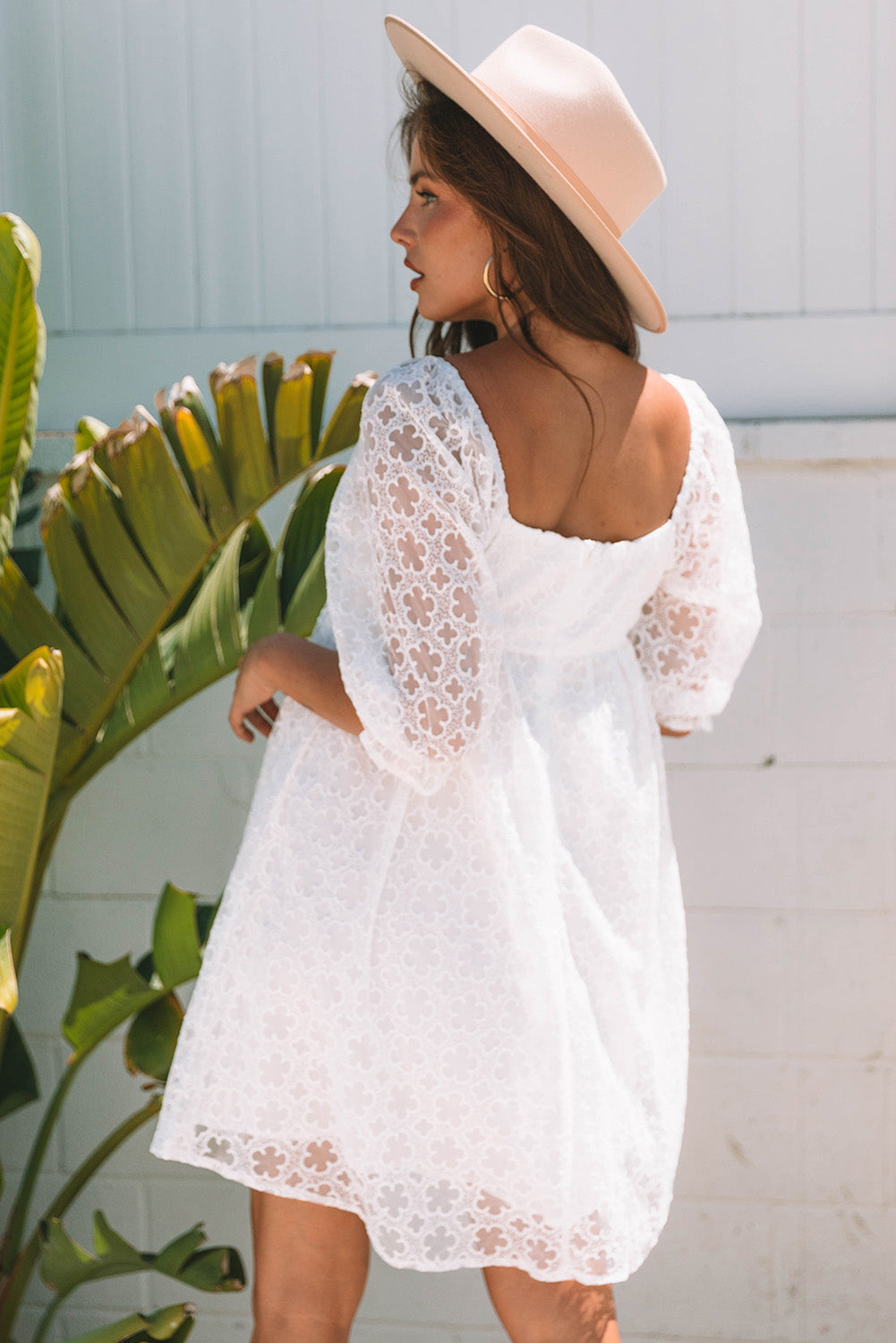 White Floral Lace Puff Sleeve Empire Waist Mini Dress-TOPS / DRESSES-[Adult]-[Female]-2022 Online Blue Zone Planet