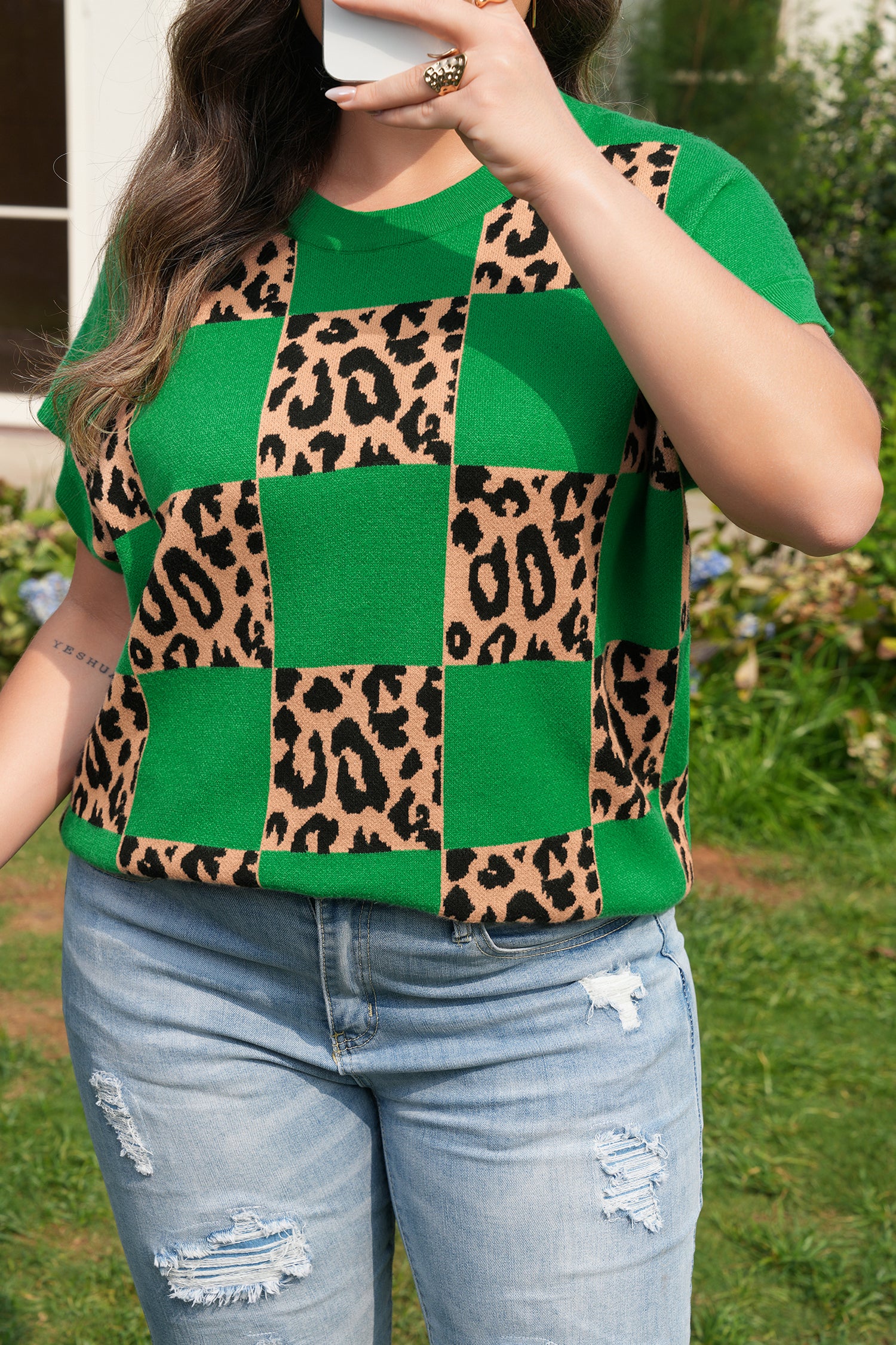 Green Plus Size Leopard Contrasted Checkered Short Sleeve Sweater-TOPS / DRESSES-[Adult]-[Female]-2022 Online Blue Zone Planet