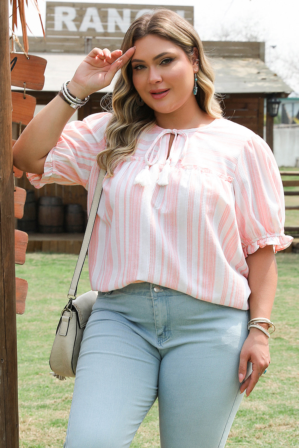 Pink Stripe Plus Size Tassel Tie Frilled Detail Short Sleeve Blouse-Plus Size/Plus Size Tops/Plus Size Blouses & Shirts-[Adult]-[Female]-2022 Online Blue Zone Planet
