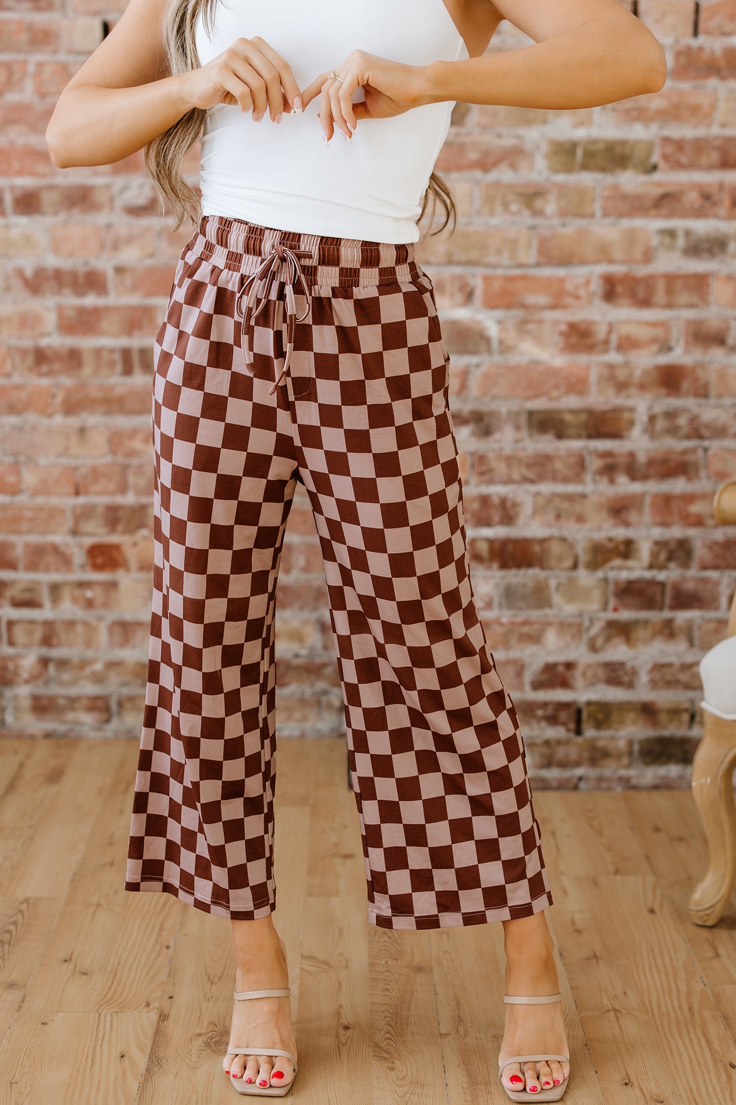 Khaki Checkered Elastic High Waist Loose Casual Pants-Bottoms/Pants & Culotte-[Adult]-[Female]-2022 Online Blue Zone Planet