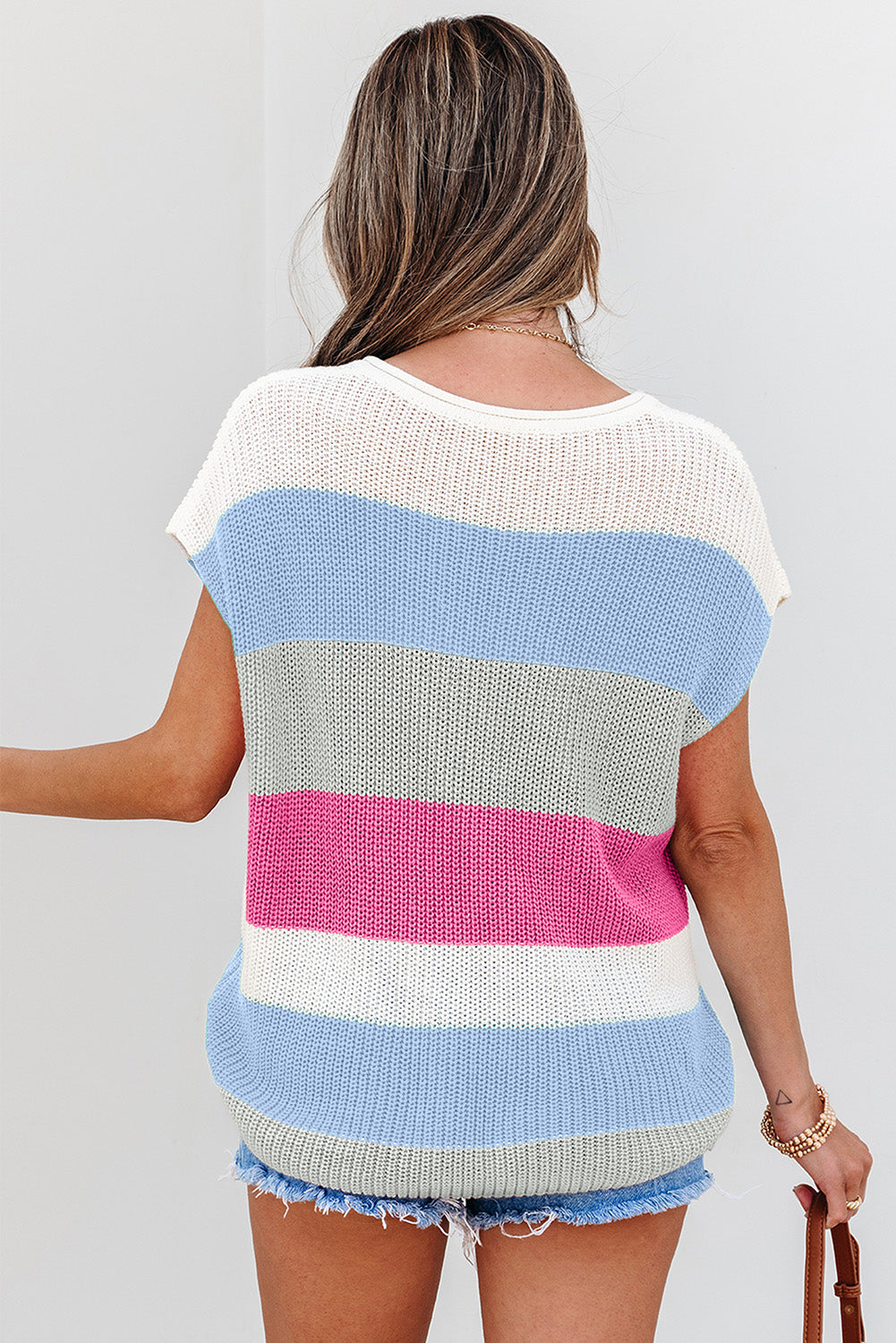 Light Blue Color Block Notch V Neck Sweater T Shirt-Sweaters & Cardigans/Short Sleeve Sweaters-[Adult]-[Female]-2022 Online Blue Zone Planet