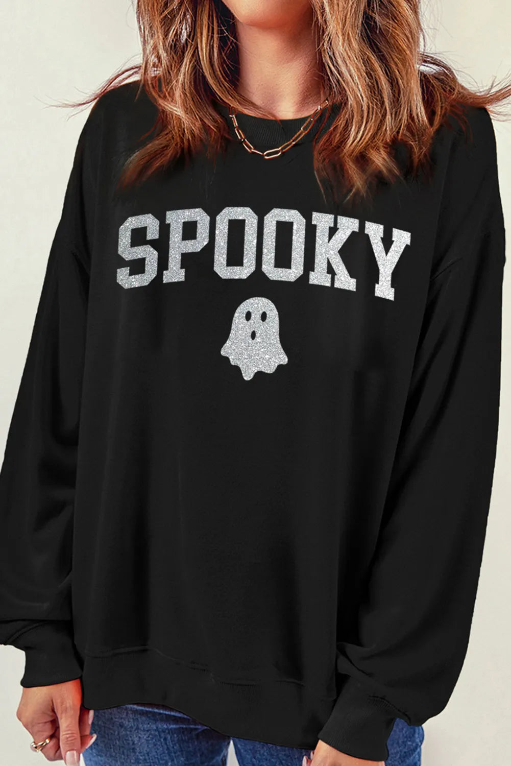 SPOOKY Round Neck Long Sleeve Sweatshirt-TOPS / DRESSES-[Adult]-[Female]-2022 Online Blue Zone Planet