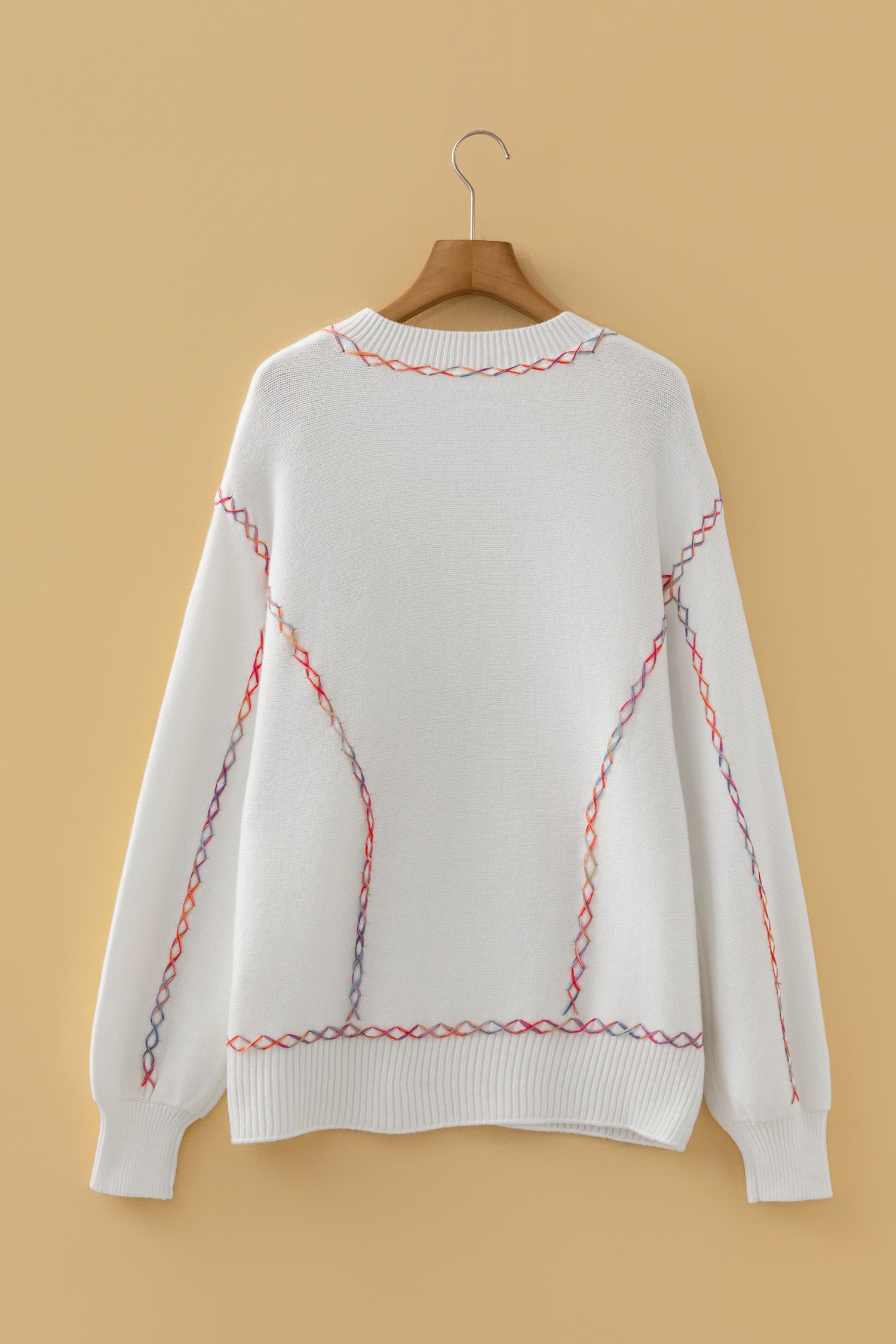 White Rainbow Stitching Balloon Sleeve Relaxed Sweater-TOPS / DRESSES-[Adult]-[Female]-2022 Online Blue Zone Planet