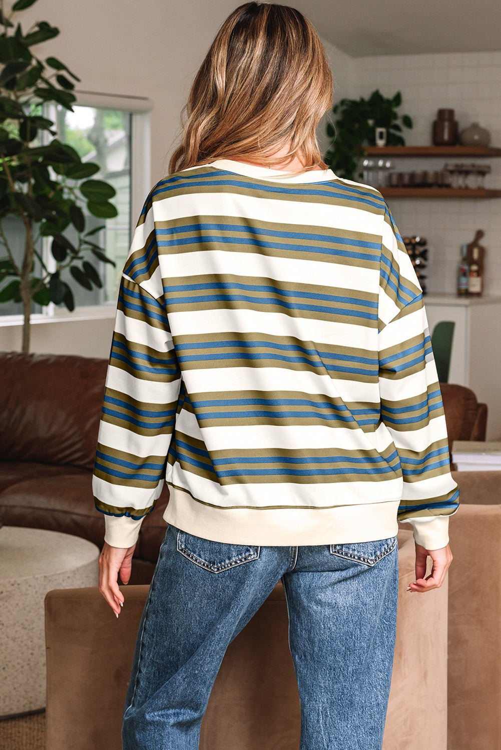 Khaki Stripe Crew Neck Drop Shoulder Pullover Sweatshirt-Tops/Sweatshirts & Hoodies-[Adult]-[Female]-2022 Online Blue Zone Planet