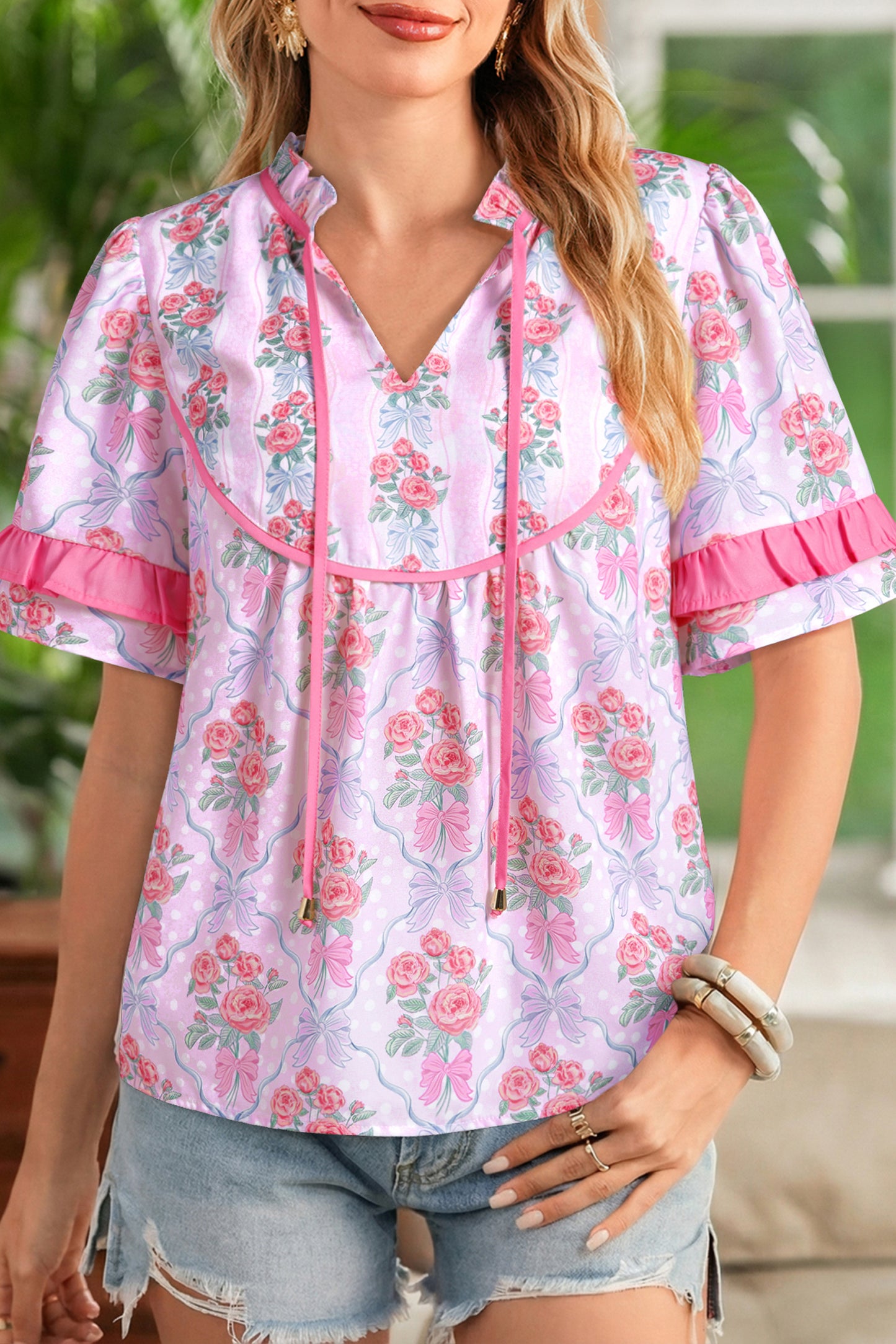 Purple Coquette Floral Bow Printed Contrast Ruffled Short Sleeve Blouse-Tops/Blouses & Shirts-[Adult]-[Female]-Purple-S-2022 Online Blue Zone Planet