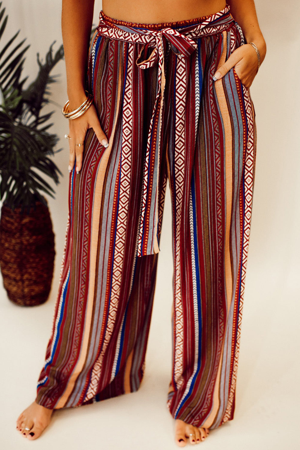 Red Boho Ethnic Striped Print Tie Waist Wide Leg Pants-Pants-[Adult]-[Female]-2022 Online Blue Zone Planet