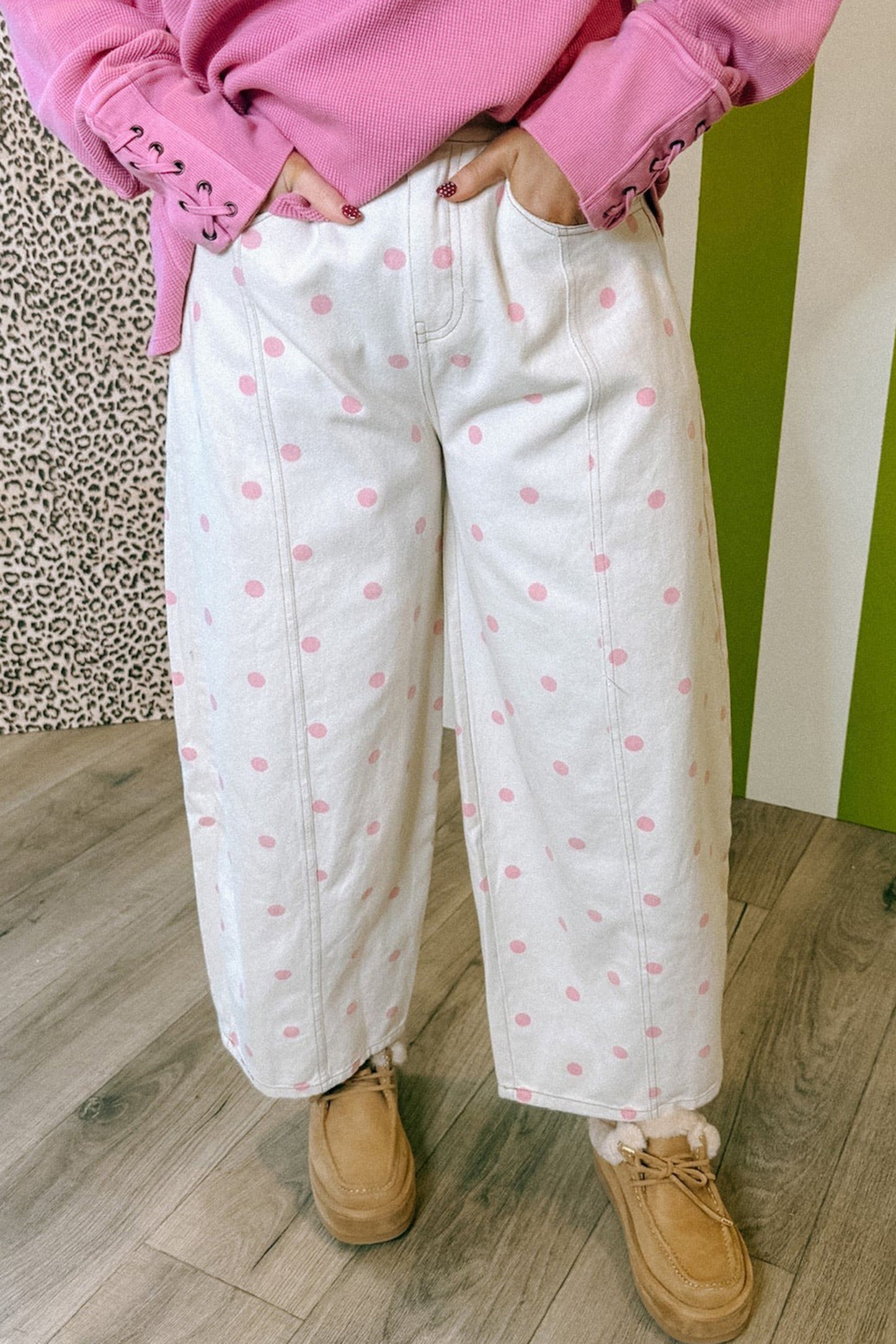 Pink Polka Dot Print Seam Detail Barrel Jeans-Bottoms/Jeans-[Adult]-[Female]-2022 Online Blue Zone Planet