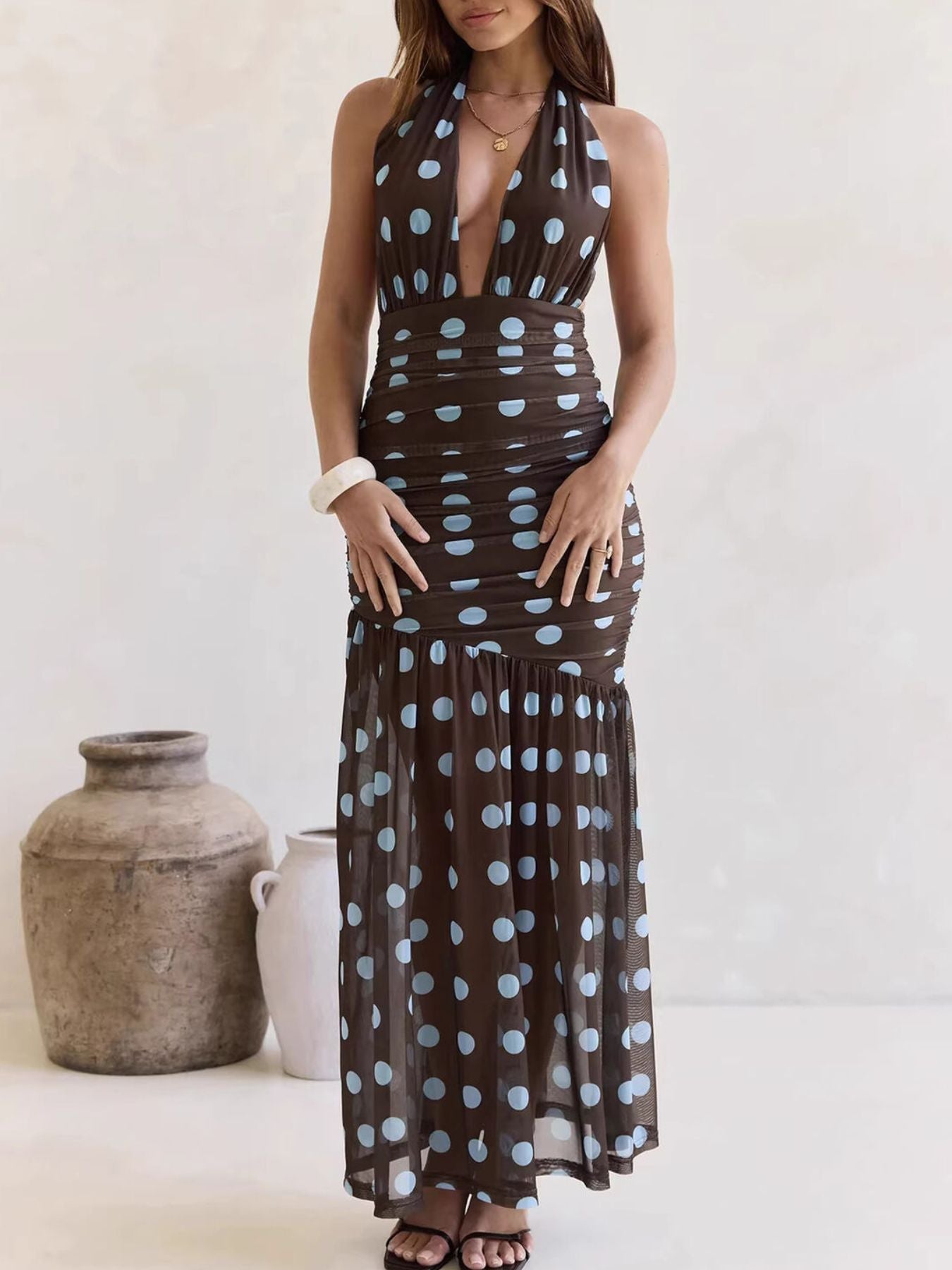 Polka Dot Halter Ruched Maxi Dress Blue Zone Planet Polka Dot Halter Ruched Maxi Dress Blue Zone Planet