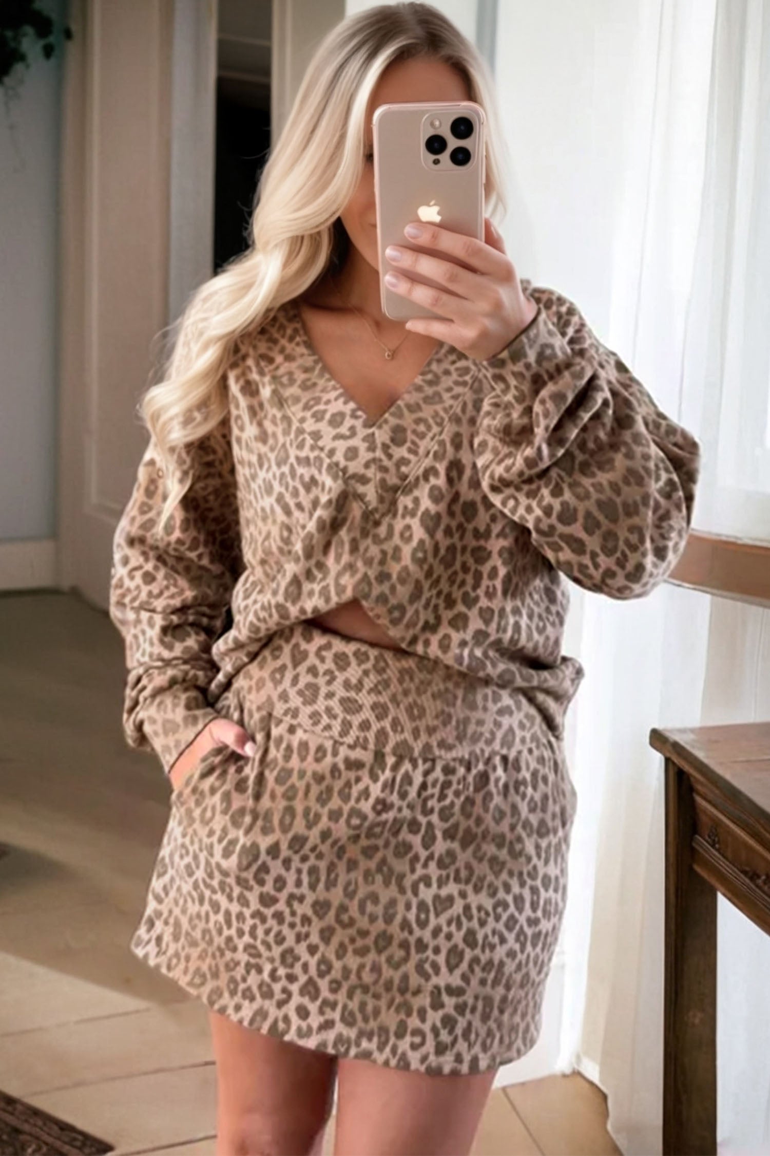 Light French Beige Leopard Print V Neck Pullover Mini Skirt 2pcs Set-Two Piece Sets/Two Piece Dresses-[Adult]-[Female]-2022 Online Blue Zone Planet