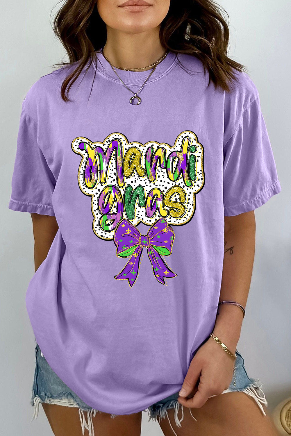 Wisteria mardi gras Bow Graphic Crewneck Holiday T Shirt-Graphic Tees-[Adult]-[Female]-2022 Online Blue Zone Planet