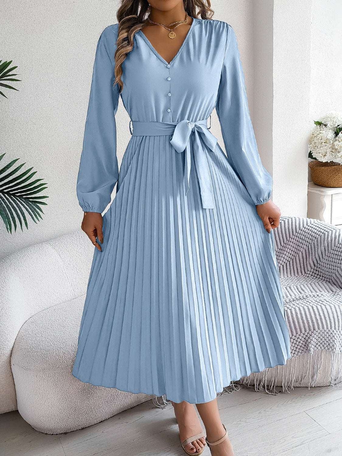 Pleated Tied V-Neck Long Sleeve Dress-TOPS / DRESSES-[Adult]-[Female]-Light Blue-S-2022 Online Blue Zone Planet