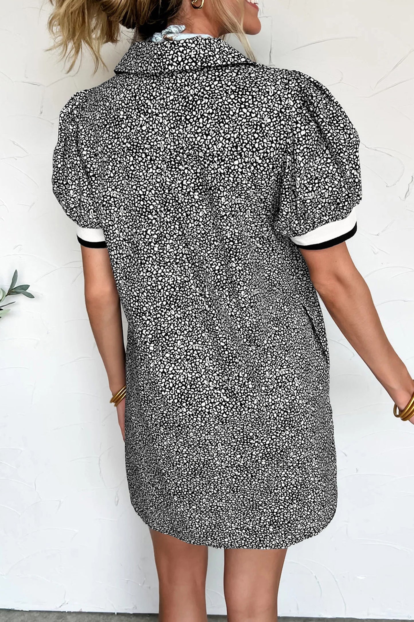 Black Leopard Print Contrast Striped Trim Polo Collar Short Sleeve Dress with Pockets-Dresses/Mini Dresses-[Adult]-[Female]-2022 Online Blue Zone Planet