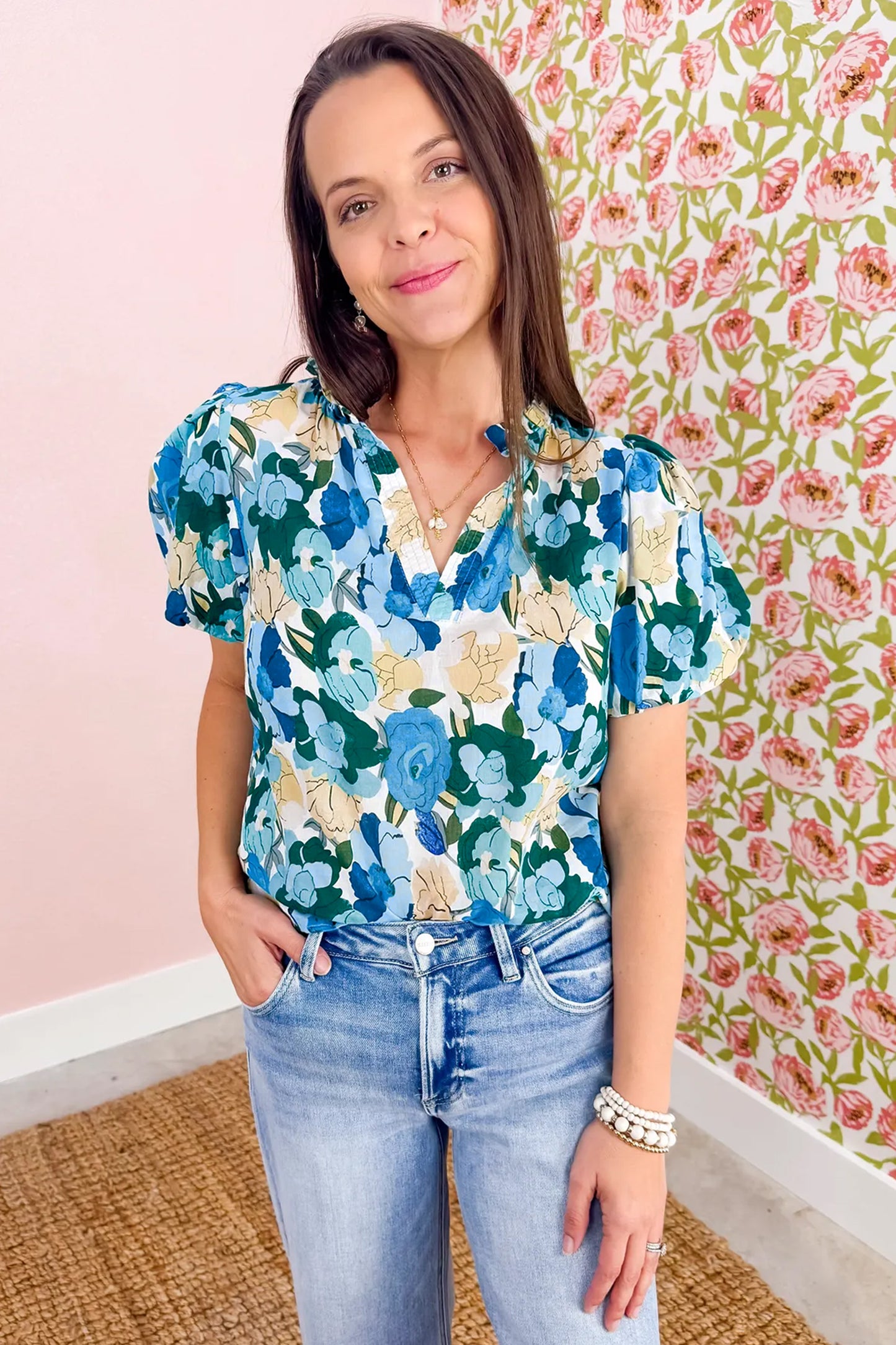 Sky Blue Floral Print Short Puff Sleeve V Neck Blouse-Tops/Blouses & Shirts-[Adult]-[Female]-2022 Online Blue Zone Planet