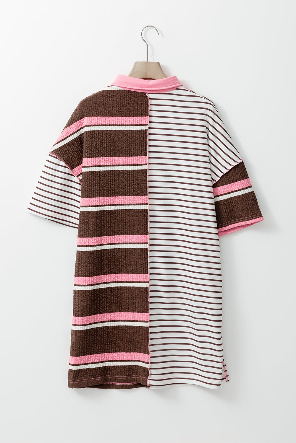 Brown Stripe Striped Textured Patchwork Buttoned T Shirt Dress Blue Zone Planet