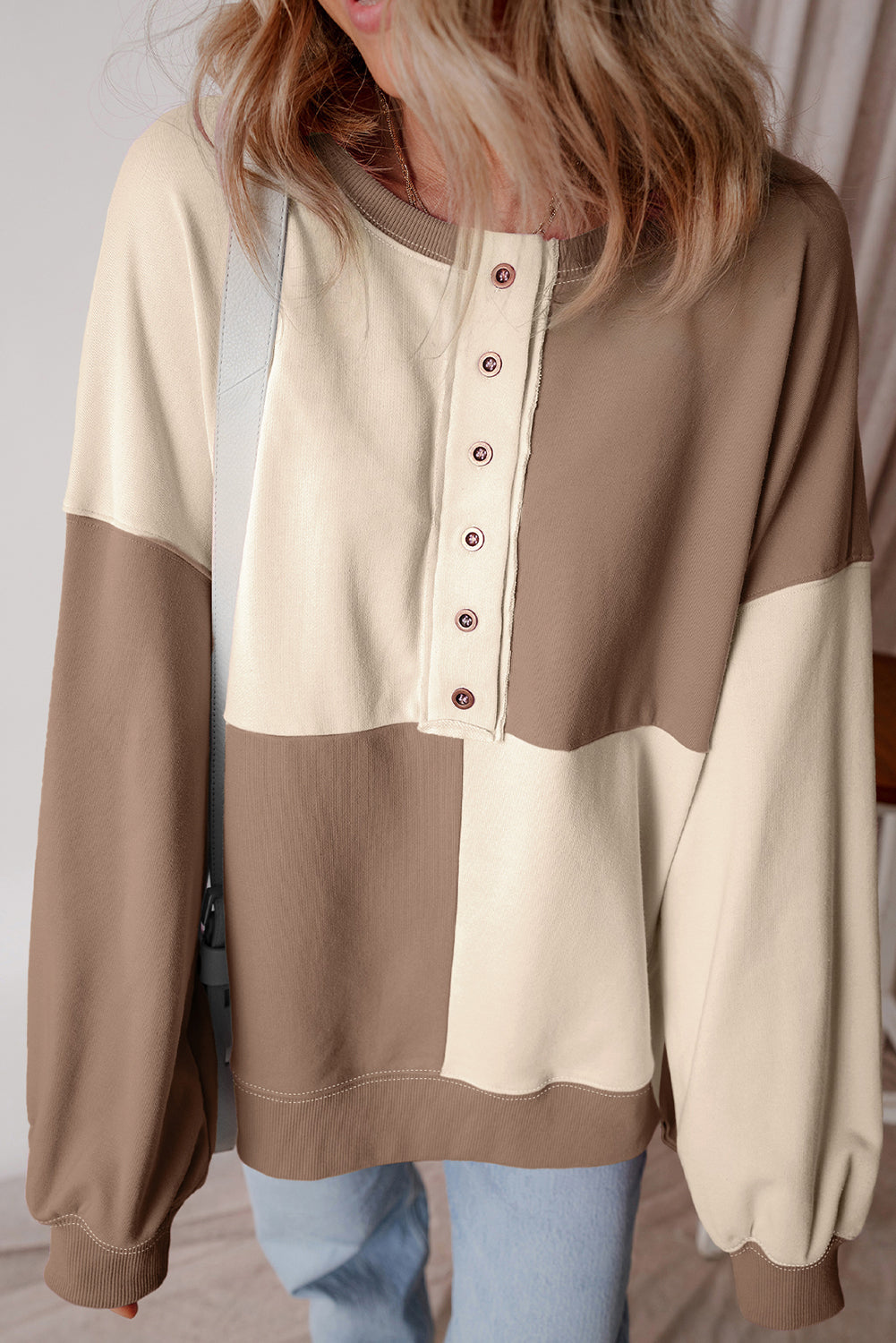 Color black Colorblock Henley High Low Oversize Sweatshirt-Tops/Sweatshirts & Hoodies-[Adult]-[Female]-Parchment-S-2022 Online Blue Zone Planet