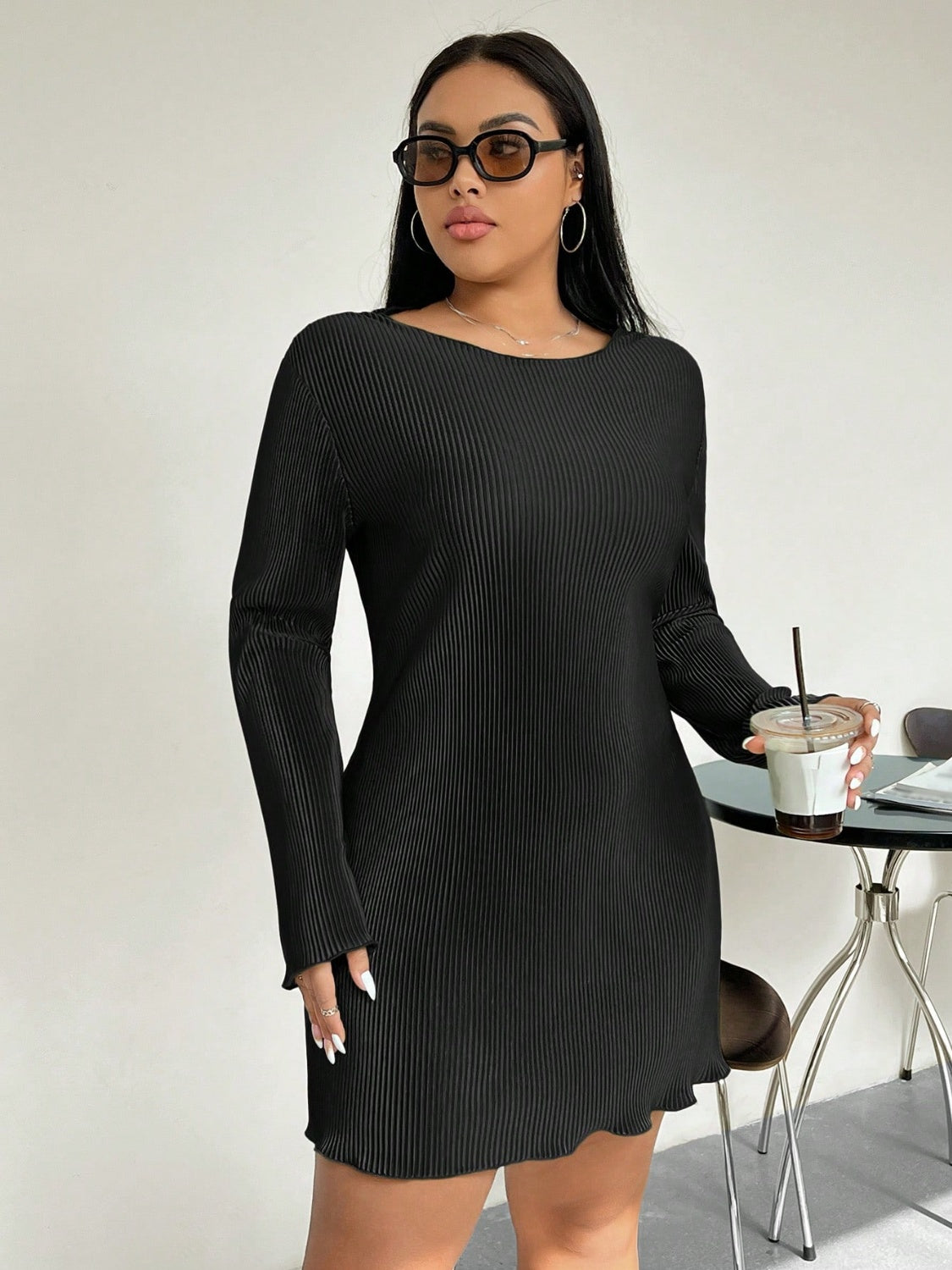 Honey Plus Size Lettuce Hem Round Neck Long Sleeve Dress-TOPS / DRESSES-[Adult]-[Female]-2022 Online Blue Zone Planet