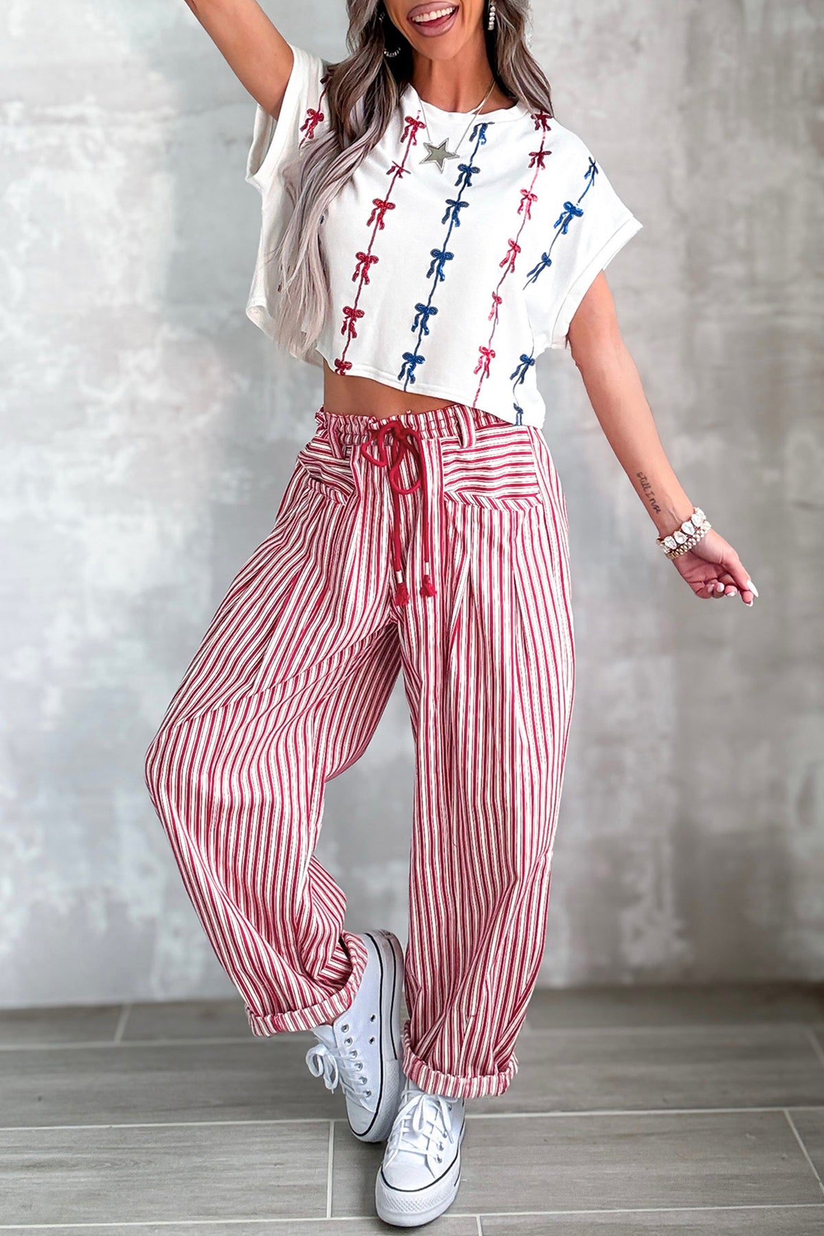 Red Stripe Drawstring Casual Loose Pants-Bottoms/Pants & Culotte-[Adult]-[Female]-2022 Online Blue Zone Planet