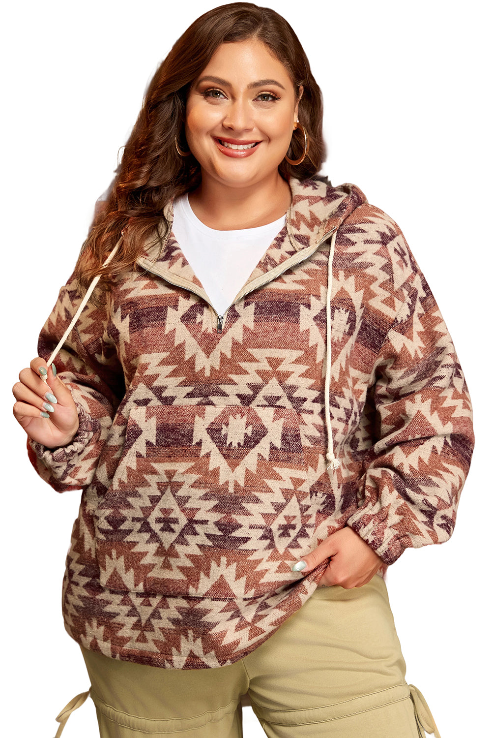 Red Plus Size Western Fashion Aztec Patterned Half Zip High Neck Hoodie-Plus Size/Plus Size Sweatshirts & Hoodies-[Adult]-[Female]-2022 Online Blue Zone Planet