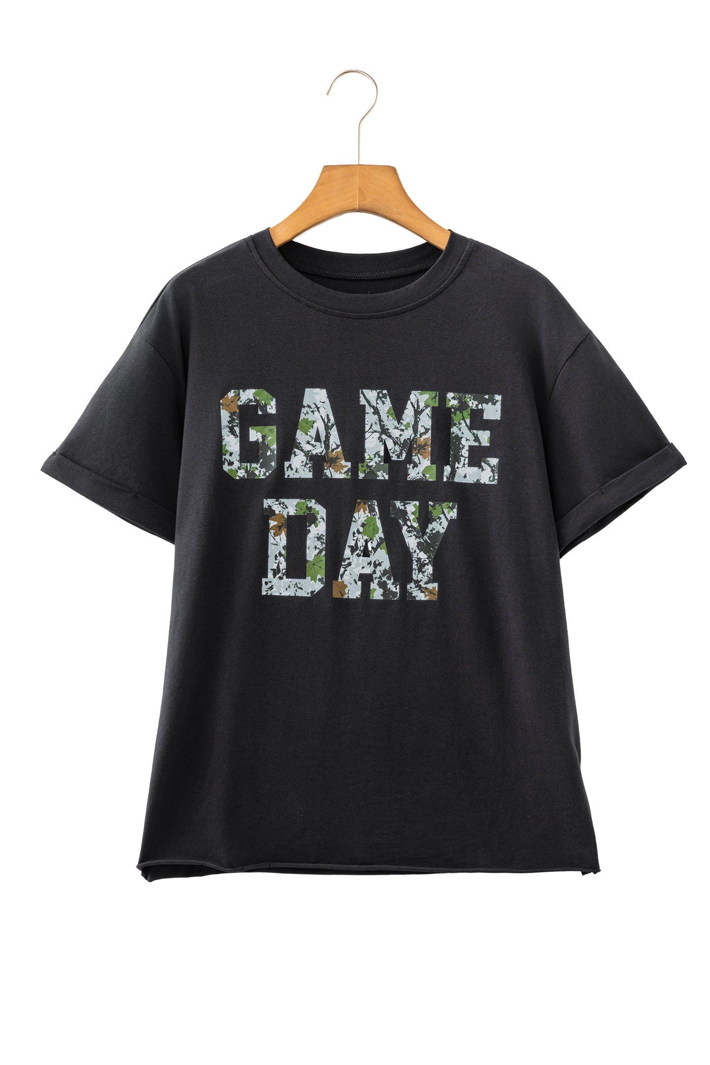 Black Camo Print Game Day Tee Short Sleeve Round Neck Casual T Shirt-Tops/Tops & Tees-[Adult]-[Female]-2022 Online Blue Zone Planet