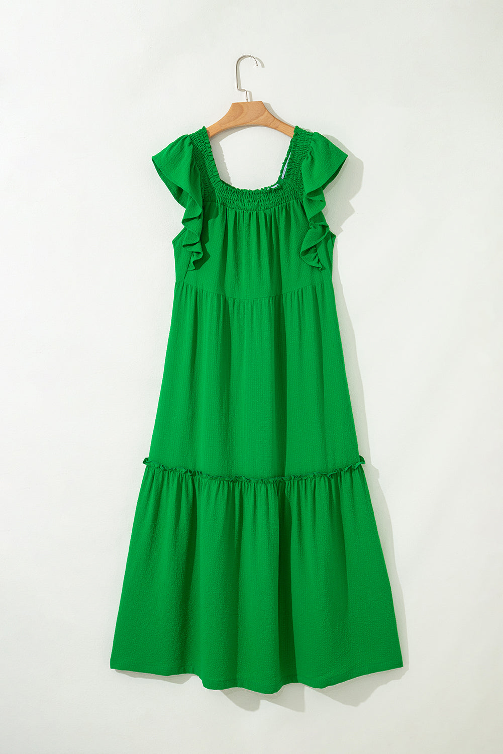 Green Ruffled Flutter Sleeve Square Neck Textured Tiered Maxi Dress-TOPS / DRESSES-[Adult]-[Female]-2022 Online Blue Zone Planet