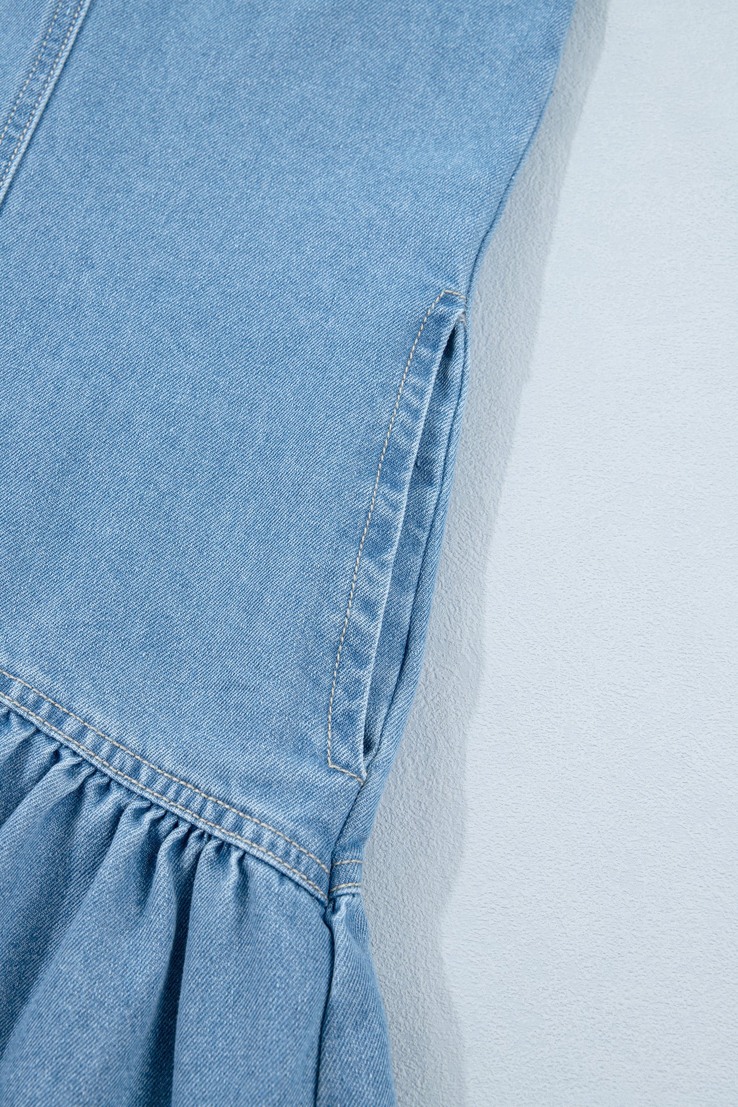 Beau Blue Button Down Short Puff Sleeve Ruffle Hem Patchwork Denim Dress-TOPS / DRESSES-[Adult]-[Female]-2022 Online Blue Zone Planet