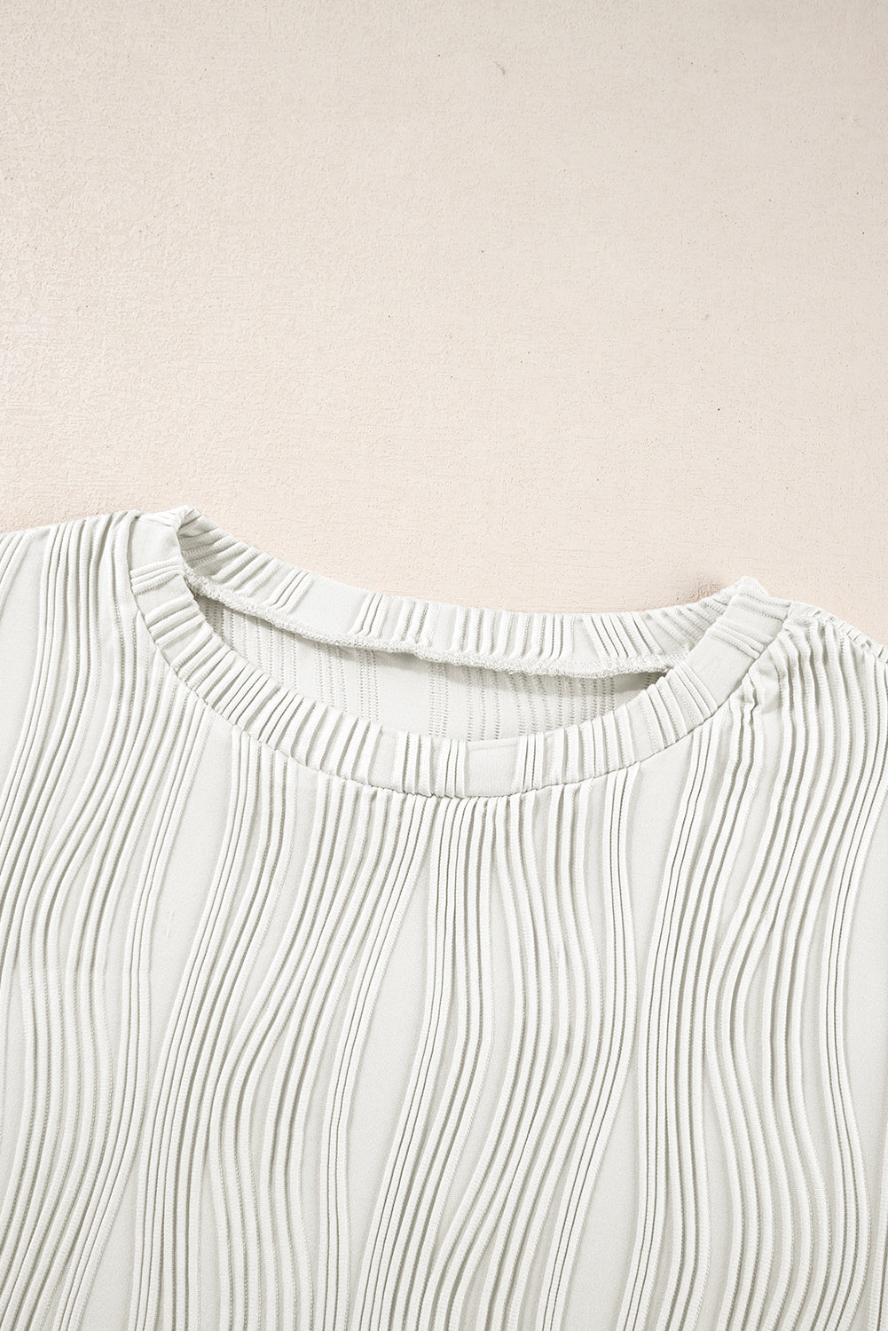 Blue Zone Planet | White Wavy Textured Solid Color Drop Shoulder Pullover Top-Long Sleeve Tops-[Adult]-[Female]-2022 Online Blue Zone Planet