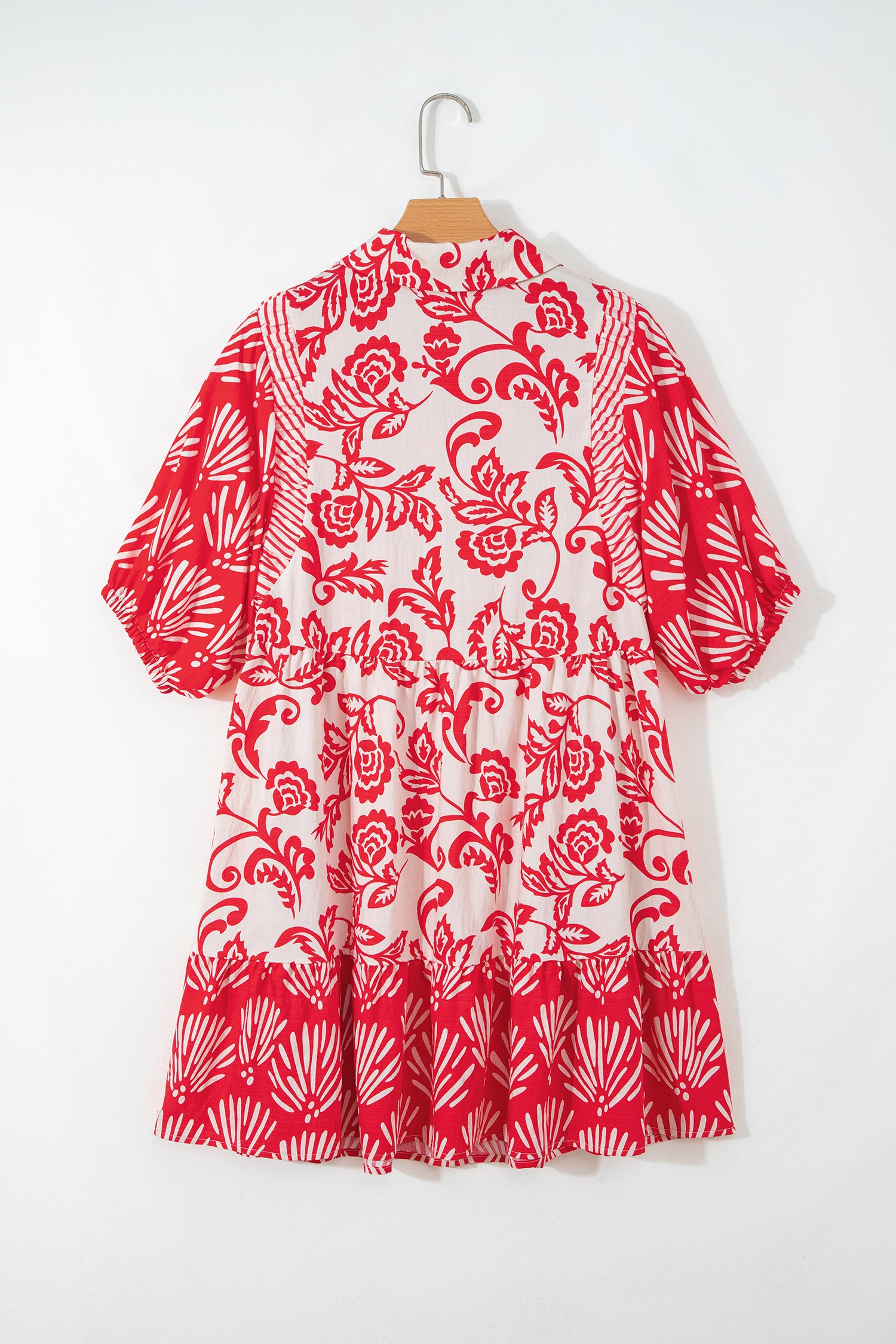 Red Collared V Neck Half Sleeve Loose Flower Mini Dress-TOPS / DRESSES-[Adult]-[Female]-2022 Online Blue Zone Planet