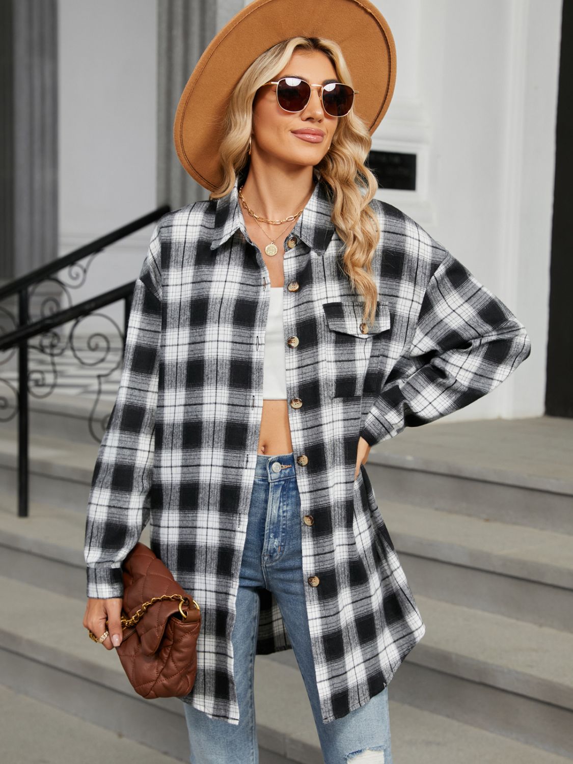 Plaid Collared Neck Long Sleeve Shirt-TOPS / DRESSES-[Adult]-[Female]-2022 Online Blue Zone Planet