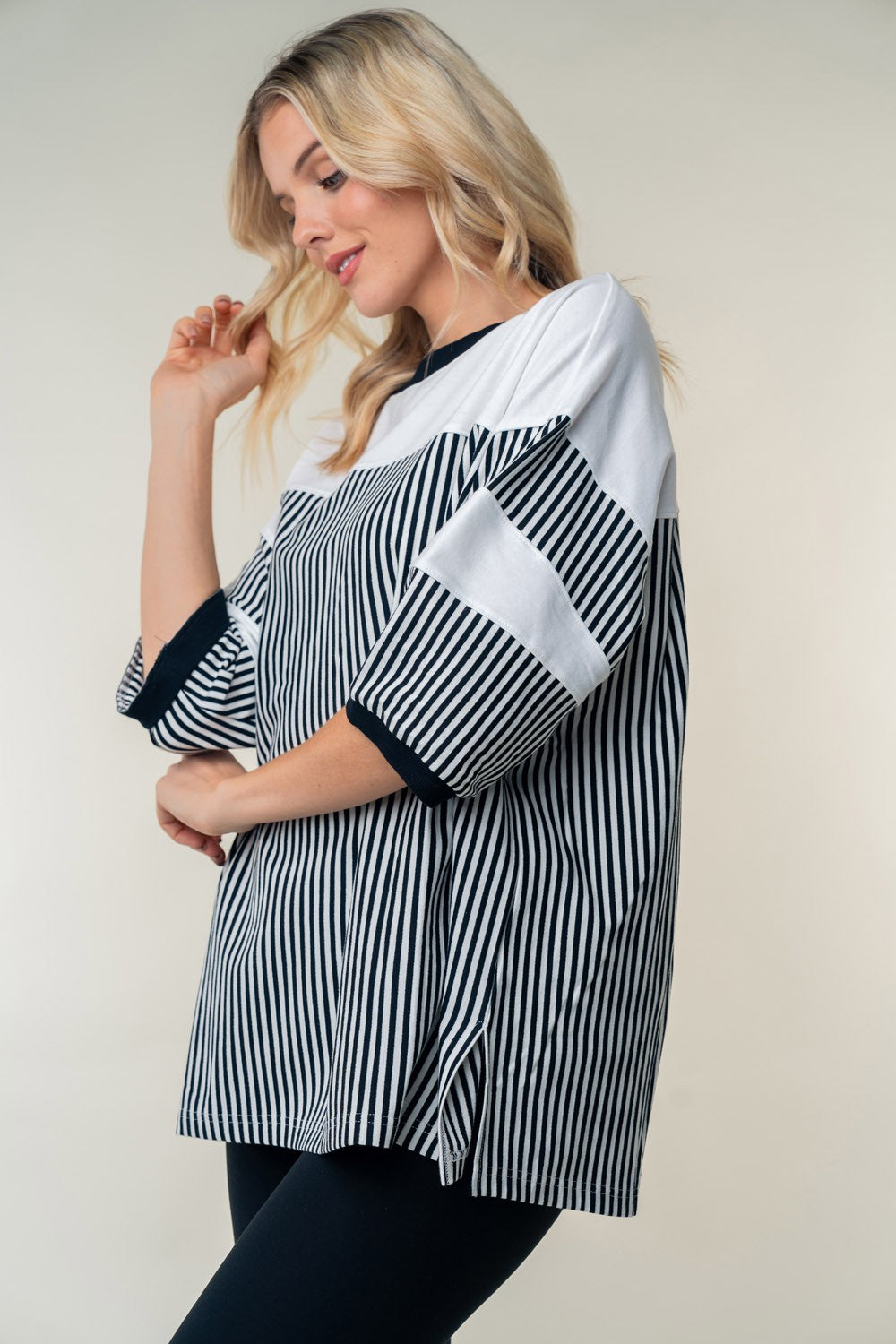 White Birch Full Size Striped Contrast Round Neck Top-TOPS / DRESSES-[Adult]-[Female]-2022 Online Blue Zone Planet