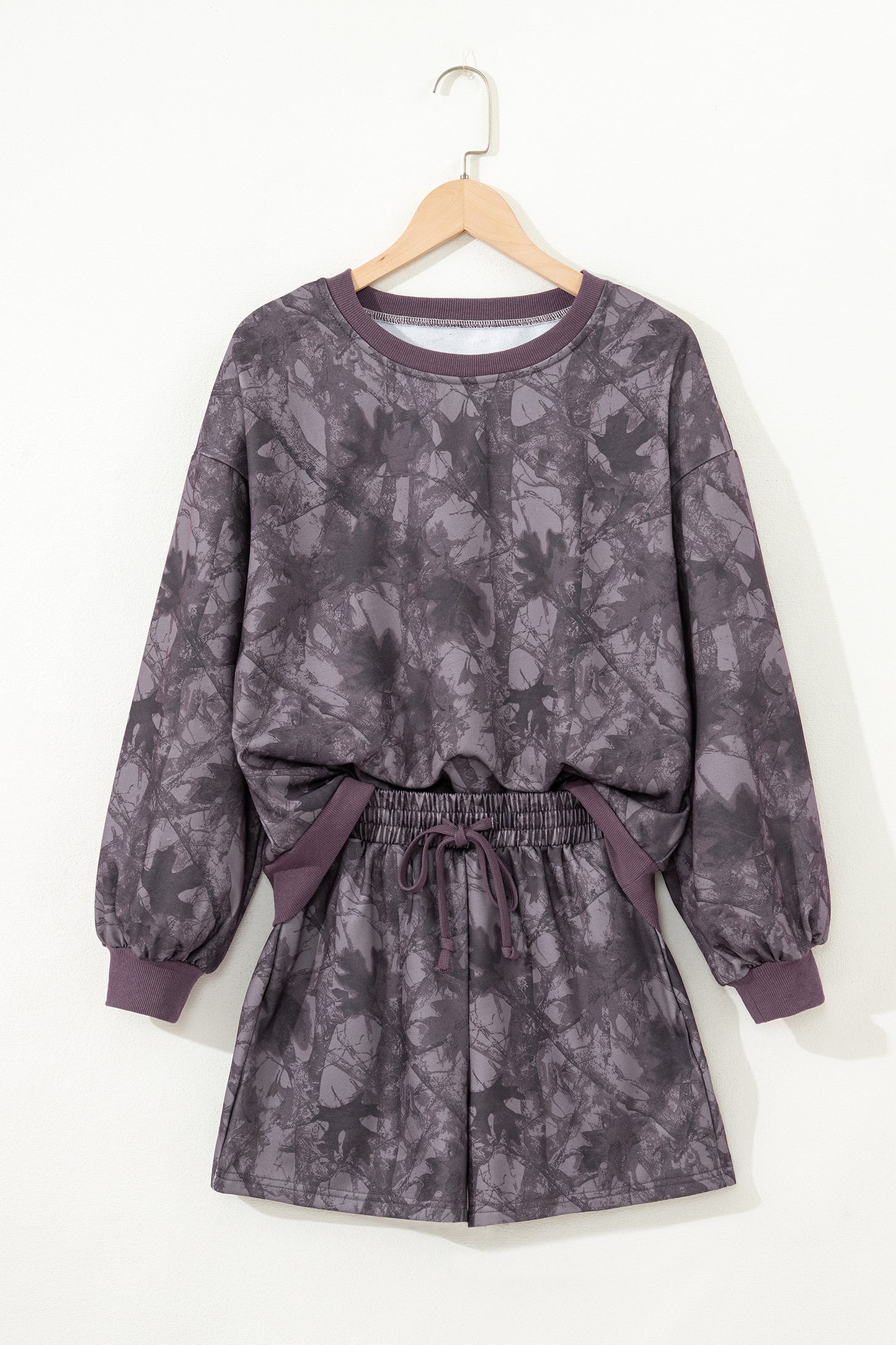 Brown Abstract Woodland Camo Print Baggy Pullover Drawstring Shorts Set-Two Piece Sets/Short Sets-[Adult]-[Female]-2022 Online Blue Zone Planet