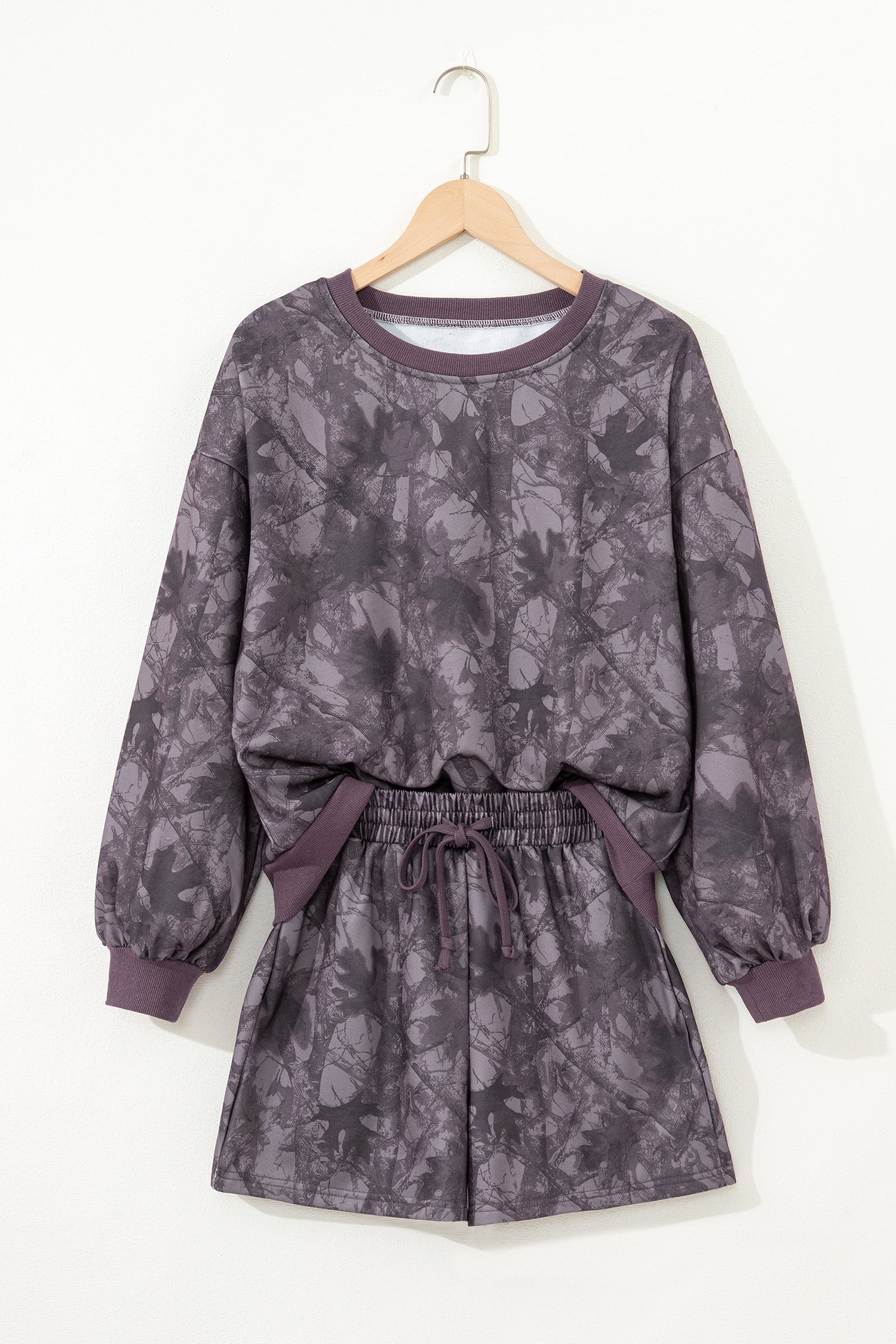 Brown Abstract Woodland Camo Print Baggy Pullover Drawstring Shorts Set-Two Piece Sets/Short Sets-[Adult]-[Female]-2022 Online Blue Zone Planet