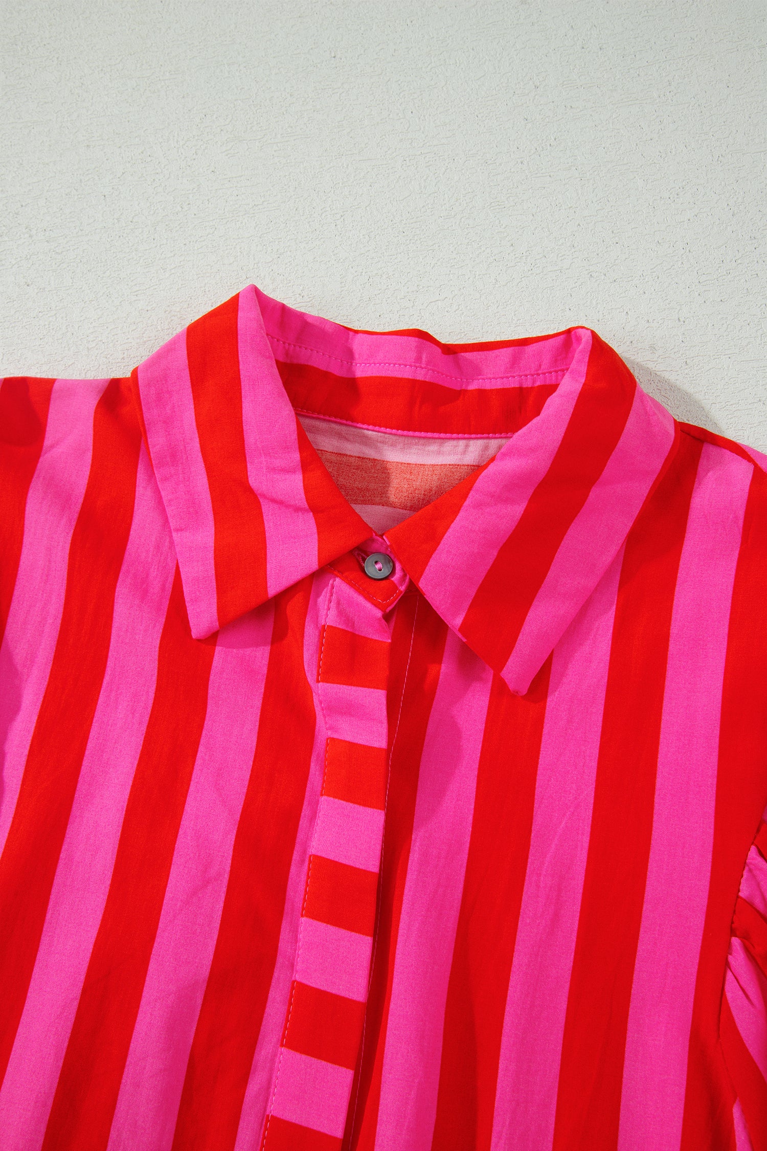 Red Stripe Tie Puff Sleeve Womens Button Down Shirt-Tops/Blouses & Shirts-[Adult]-[Female]-2022 Online Blue Zone Planet